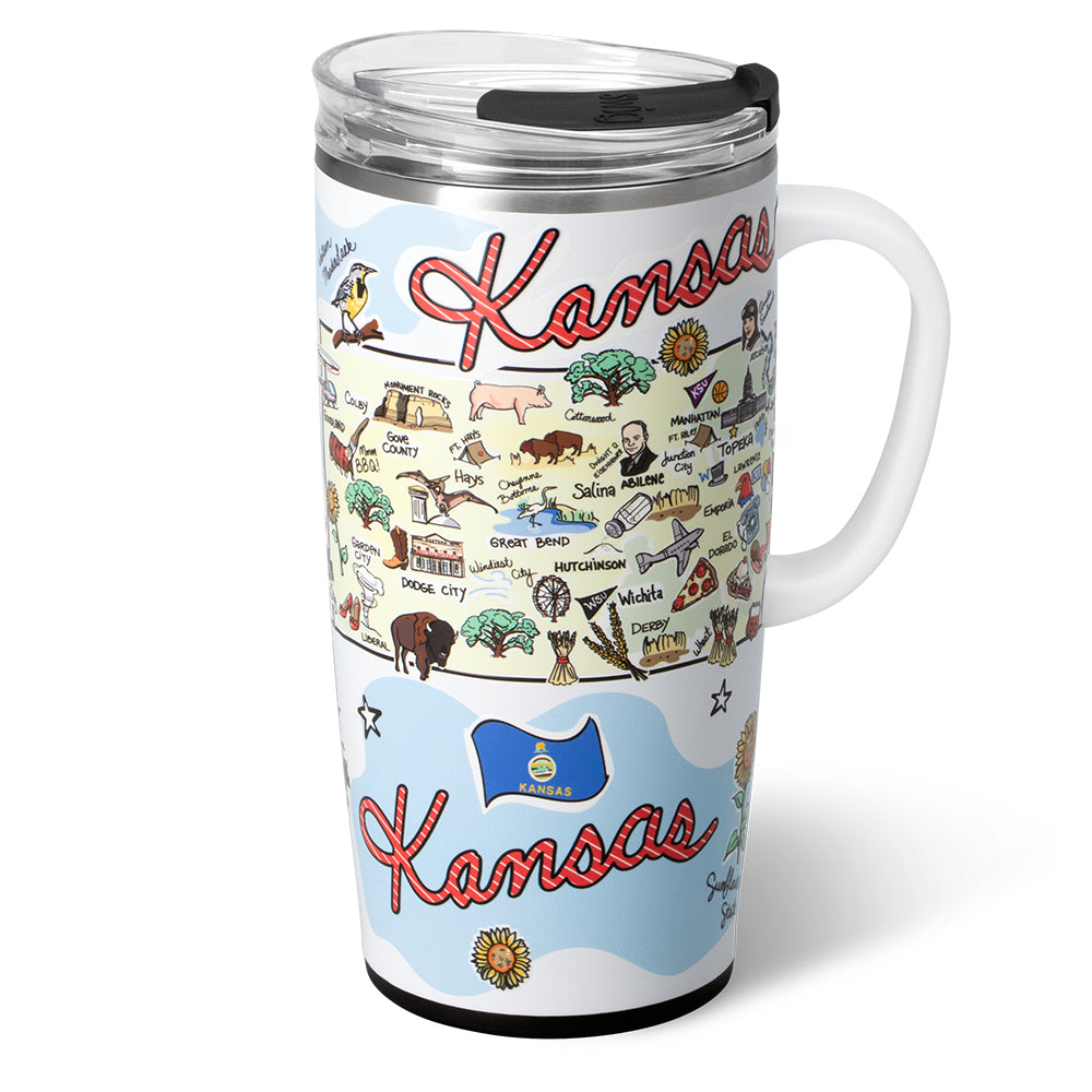 22oz Kansas Themed Insulated Travel Mug - Leak Proof Stainless Steel Coffee Tumbler for Commuting, Camping & Road Trips