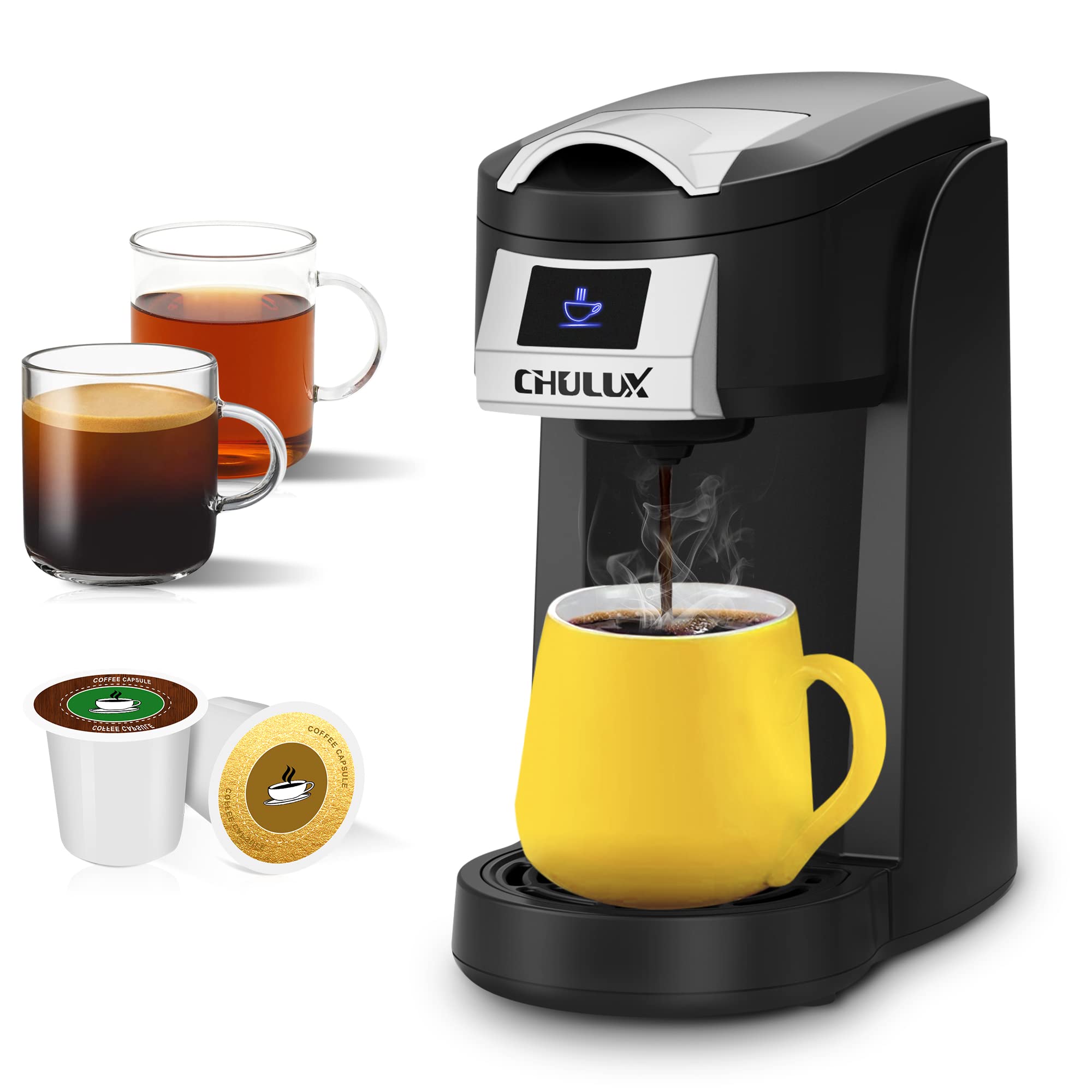 CHULUX Single Serve Coffee Maker for K-Cup & Ground Coffee - 5 to 12oz Brew Sizes, Auto Shut-Off, Fast Brewing in Minutes - Compact & Portable Coffee Machine for Home, Office, Travel, Dorm & Kitchen Use - Perfect for Morning Coffee, Office Breaks & Camping Trips