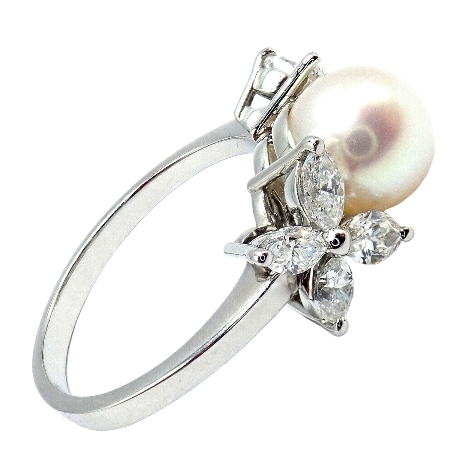 Authentic Tiffany & Co Victoria Platinum Diamond 7.5mm Pearl Band Ring for Women - Elegant Wedding, Engagement & Anniversary Jewelry Gift