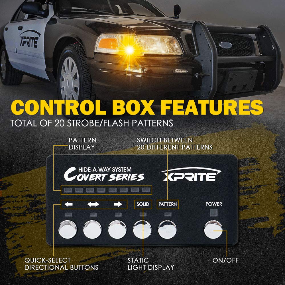 Xprite Amber LED Hideaway Strobe Lights Kit - 20 Flashing Patterns with Control Panel for Headlights, Taillights & Fog Lights | Universal Fit for Emergency Vehicles, Trucks, SUVs, Vans, UTVs & ATVs (8-Piece Set) - Perfect for Roadside Safety, Off-Road Adventures & Emergency Signaling