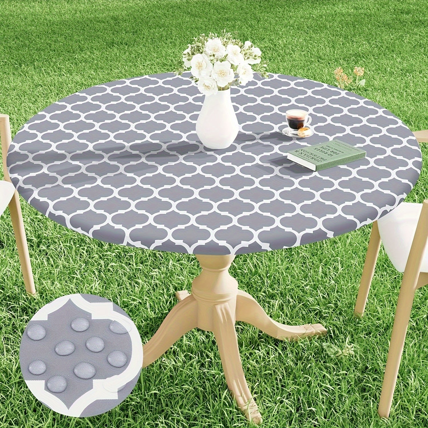 100% Vinyl Round Moroccan Tablecloth - Waterproof & Oil Proof with Flannel Backing, Elastic Edges for Indoor, Outdoor, Patio, Picnic, Camping - Perfect for Dining, BBQs, and Outdoor Gatherings