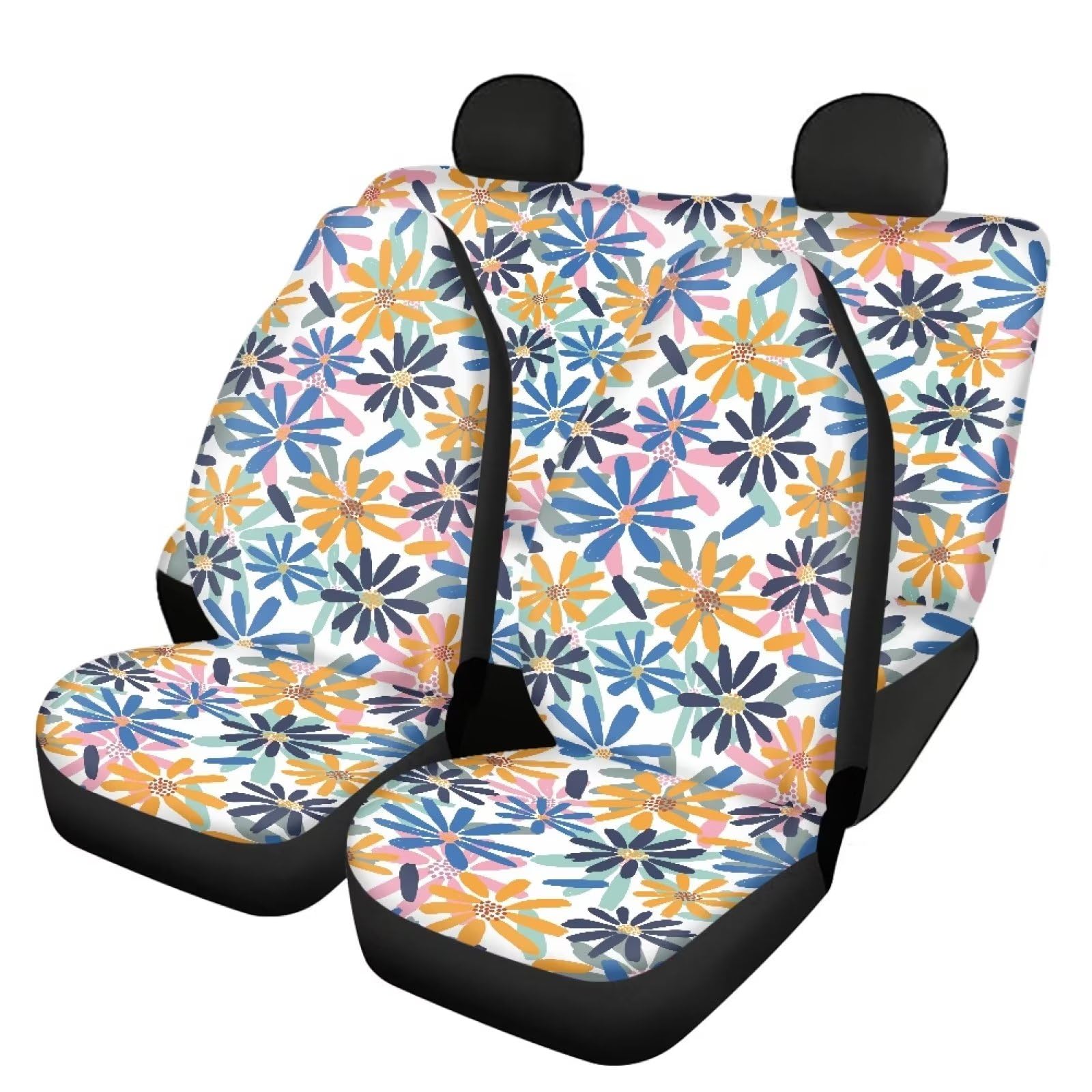 FKELYI Daisy Flower Print Universal Car Seat Covers Set - 2PCS Front Seat Cushion & Backrest Covers + Rear Bench Cover - Waterproof & Non-Slip Auto Accessories for Sedan, SUV, Truck - Perfect for Road Trips, Daily Commute & Car Interior Protection