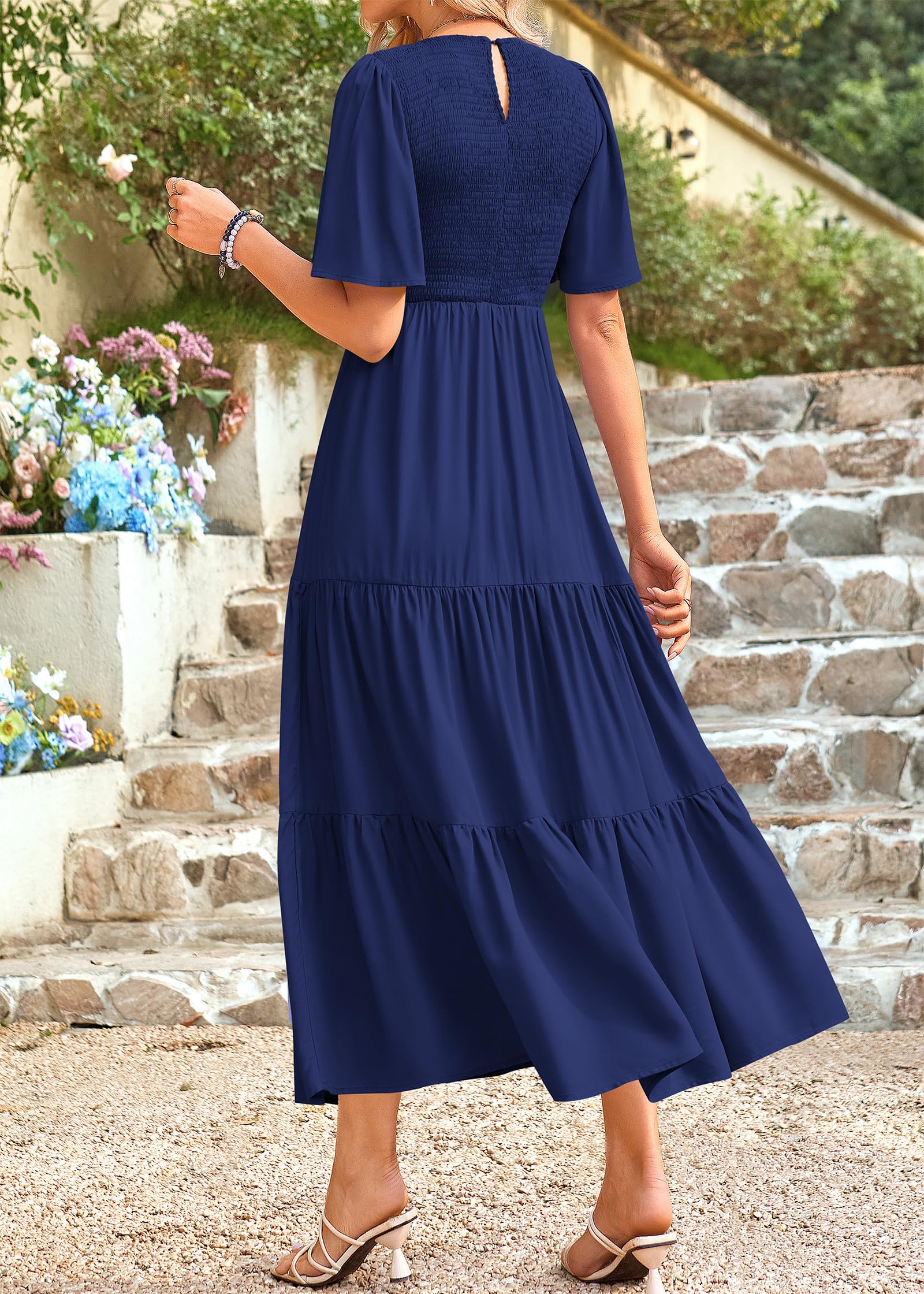 KIRUNDO Women's Flutter Sleeve Smocked Tiered A-Line Midi Dress - Casual Summer Dress for Spring/Summer 2025 - Perfect for Beach Vacations, Date Nights & Outdoor Parties