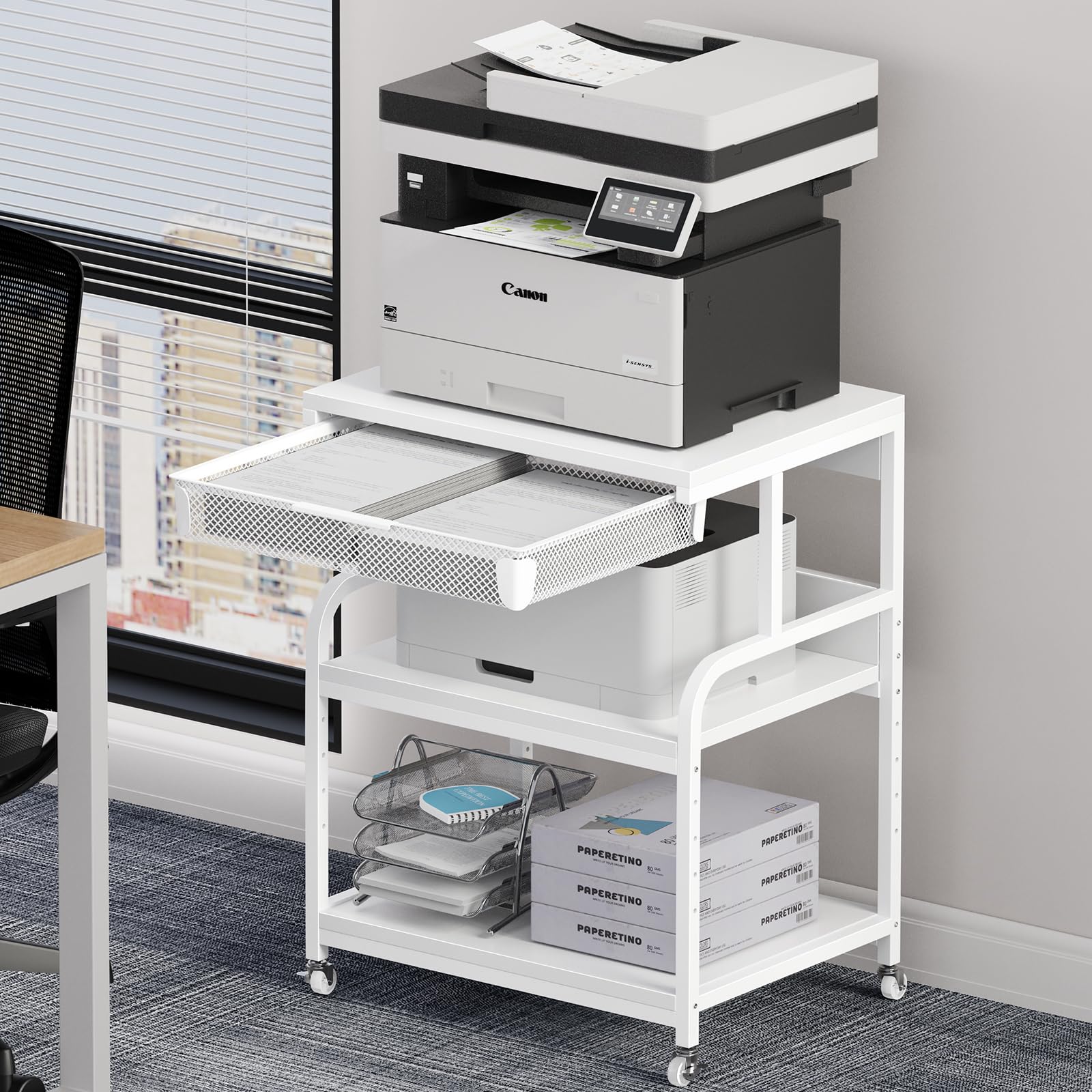 EasyCom 23.6''x18.9'' Extra Large Adjustable Printer Stand with 3 Drawers & Wheels - 5 Height Settings, 3-Tier Rolling Printer Cart for Printer, Scanner, Fax - Perfect for Home Office, Small Business & Workspace Organization