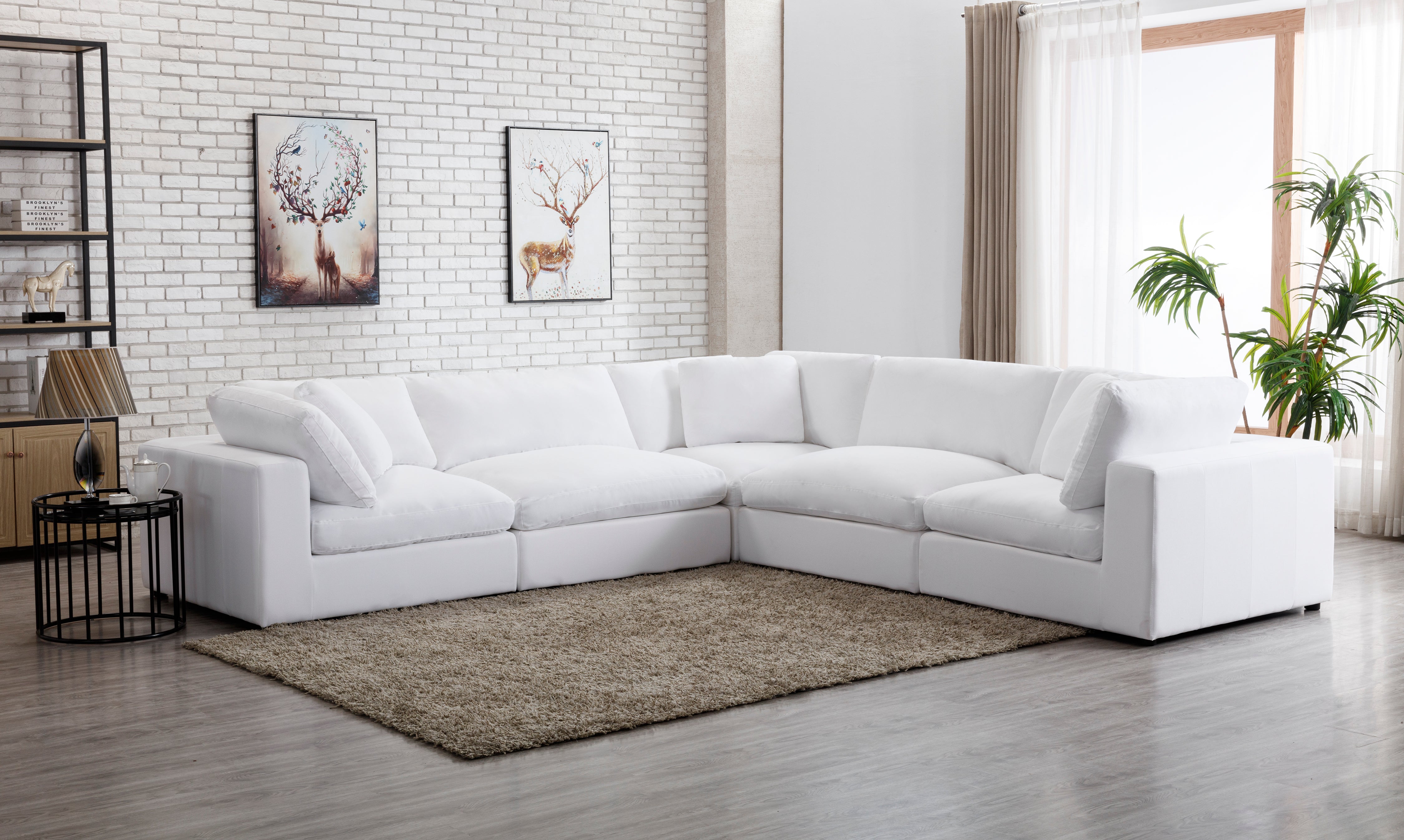 Rivas Contemporary Feather Fill 5-Piece Modular Sectional Sofa in White | Modern Living Room Furniture for Home & Office | Perfect for Entertaining & Relaxation