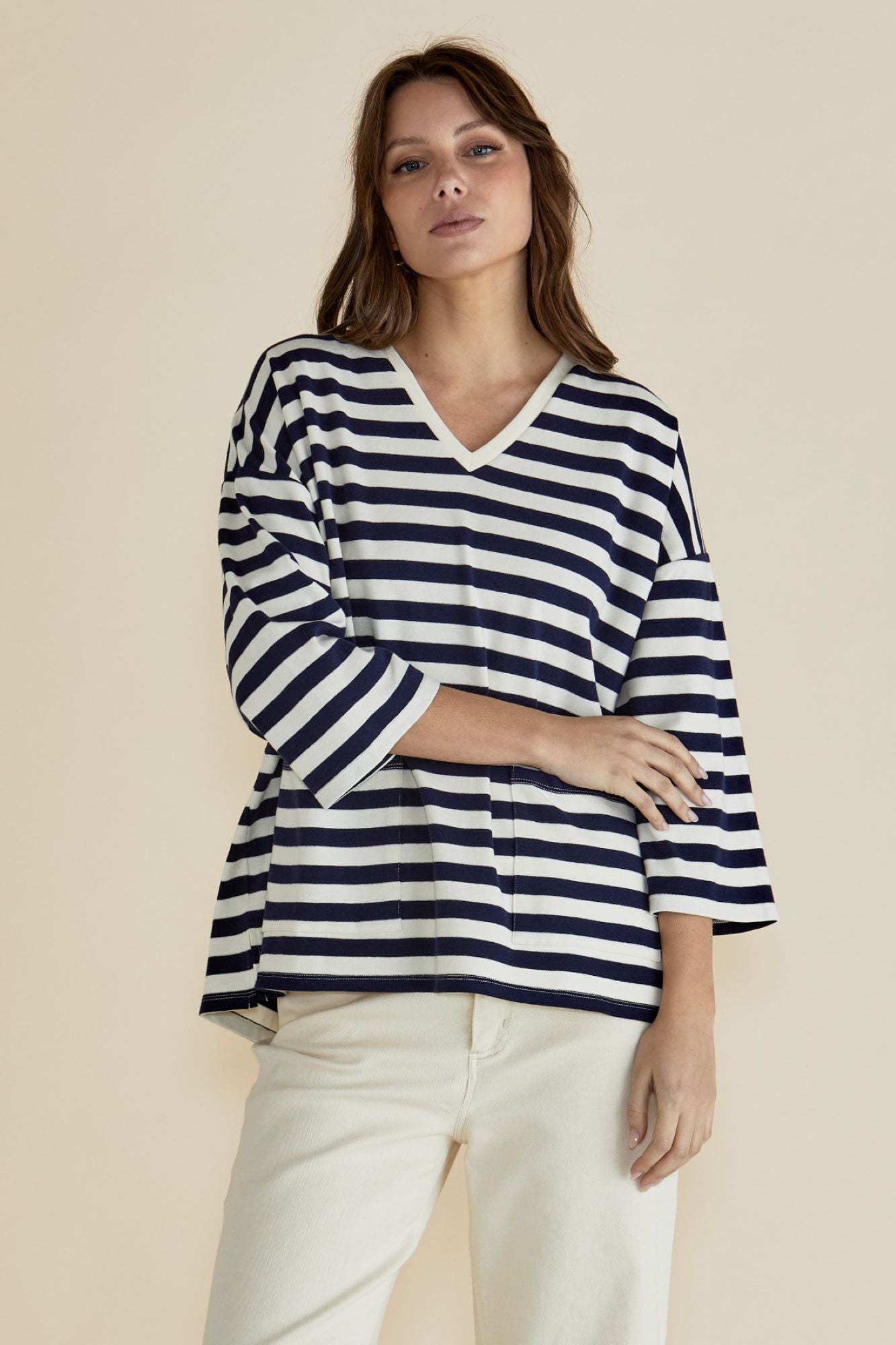 Betty Basics Women's Raven Top - Navy & Cream Striped Casual Shirt for Everyday Wear | Perfect for Work, Outings & Relaxing