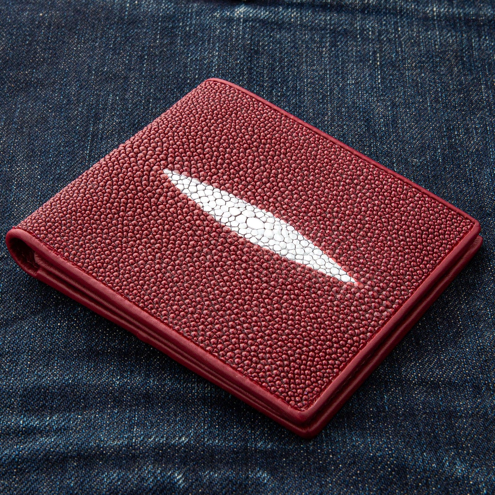 Genuine Stingray Leather Wallet for Men - Red Burgundy Luxury Slim Bifold RFID Blocking - Perfect for Business, Travel & Everyday Use