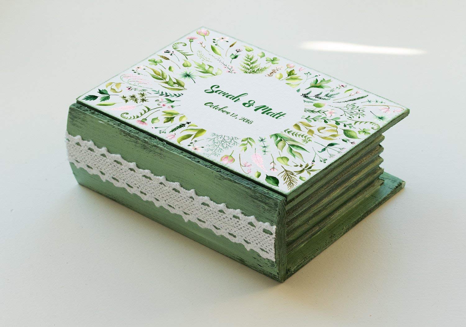 Personalized Ring Bearer Box - Green Floral Wedding Ring Holder for Spring Weddings, Engagements & Proposals - Custom Book Box for Ring Bearer Pillow & Jewelry Storage