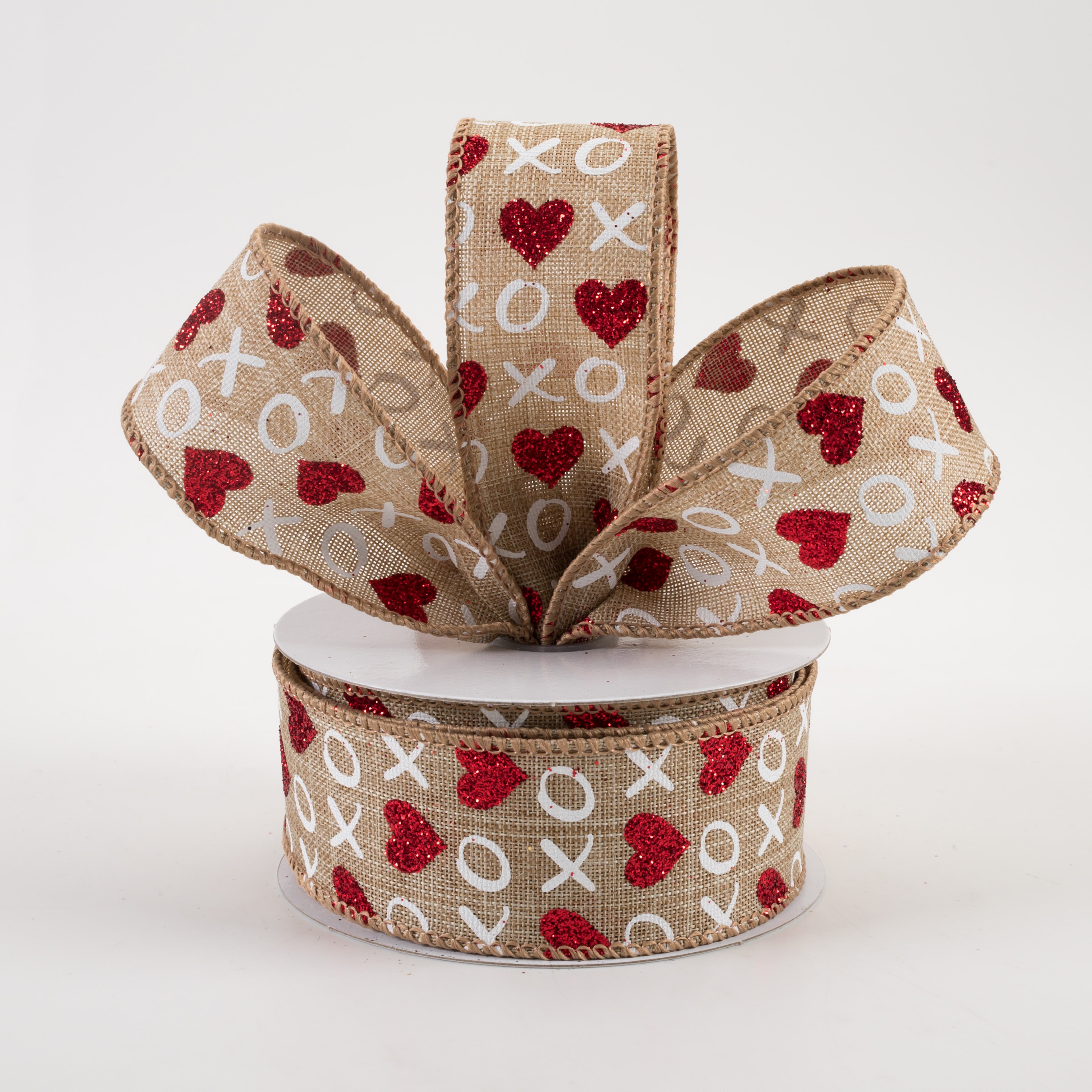 1.5 Inch Glitter Hearts XO Linen Ribbon - Natural, Red, White (10 Yards) - Perfect for DIY Crafts, Gift Wrapping, Wedding Decorations and Party Favors