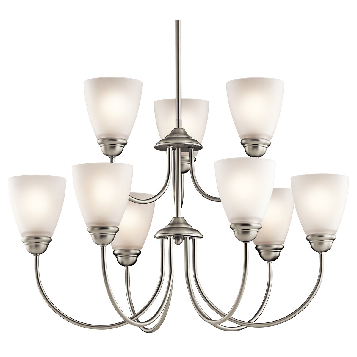 Kichler Jolie 28 Inch 9-Light Chandelier with Satin Etched Glass in Brushed Nickel - Elegant Dining Room Lighting Fixture for Modern Home Decor
