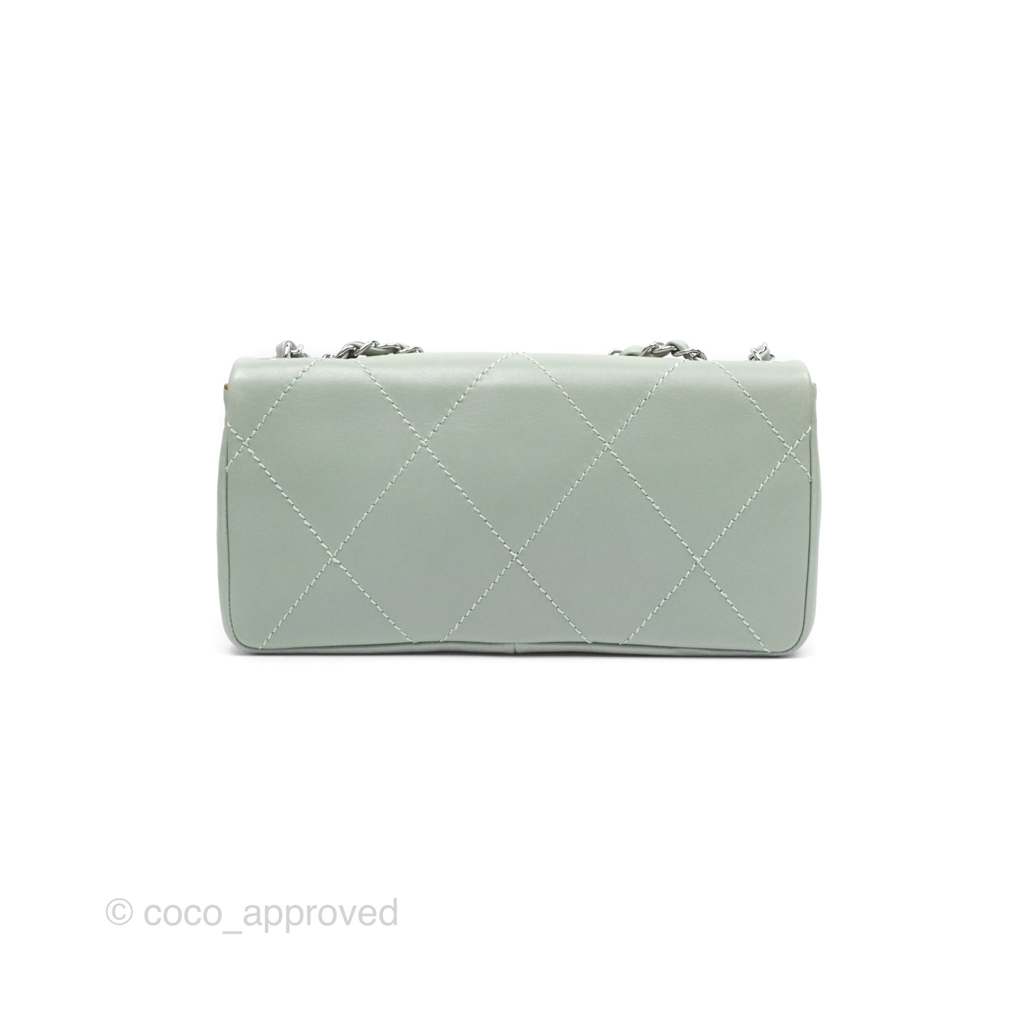 Chanel CC East West Flap Bag Genuine Lambskin Leather Mint Green with Silver Hardware - Luxury Crossbody Purse for Women, Perfect for Date Night & Special Occasions