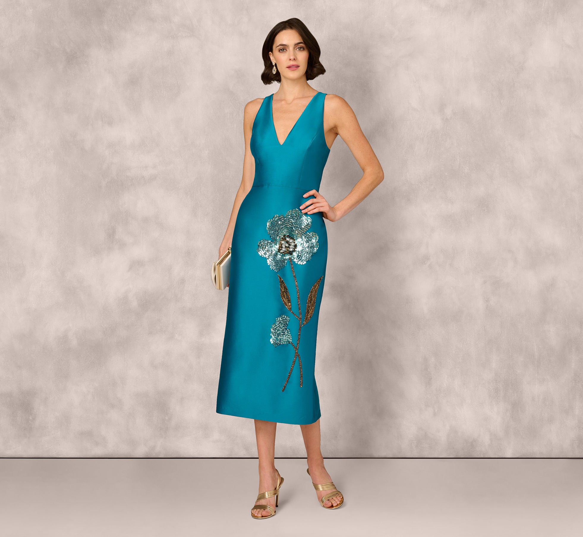 Sparkling Peacock Sequin Beaded Floral Sleeveless Midi Dress for Cocktail Party, Evening Gala & Special Occasions