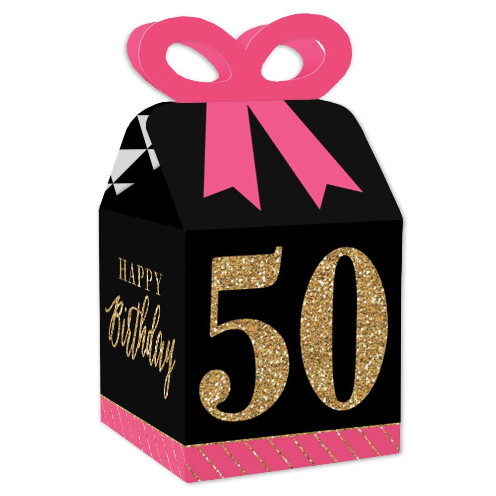 Chic 50th Birthday Gift Boxes - Pink, Black & Gold - Set of 12 for Party Favors