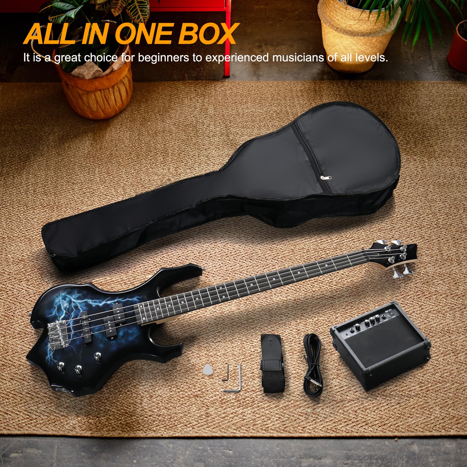 Ktaxon Full Size Electric Bass Guitar with Flame Design - 20W Amp, Portable Bass Bag, Premium Amp Wire, Adjustable Strap, Plectrum & Tools (Lightning) - Perfect for Beginners, Live Performances & Home Practice