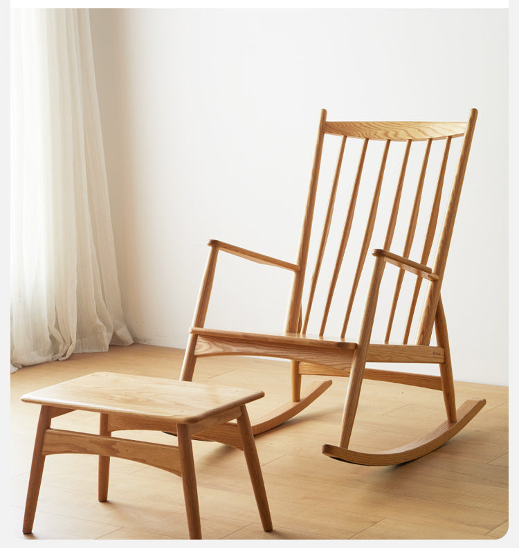 Solid Oak Wood Genuine Leather Rocking Chair - Handcrafted Comfort for Living Room, Nursery & Porch Relaxation