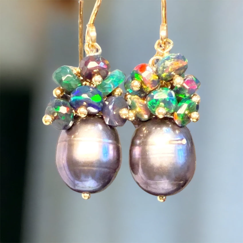 Black Grey Peacock Pearl Black Opal Cluster Earrings - Gold Filled Dangle Earrings for Women, Perfect for Parties, Weddings & Special Occasions