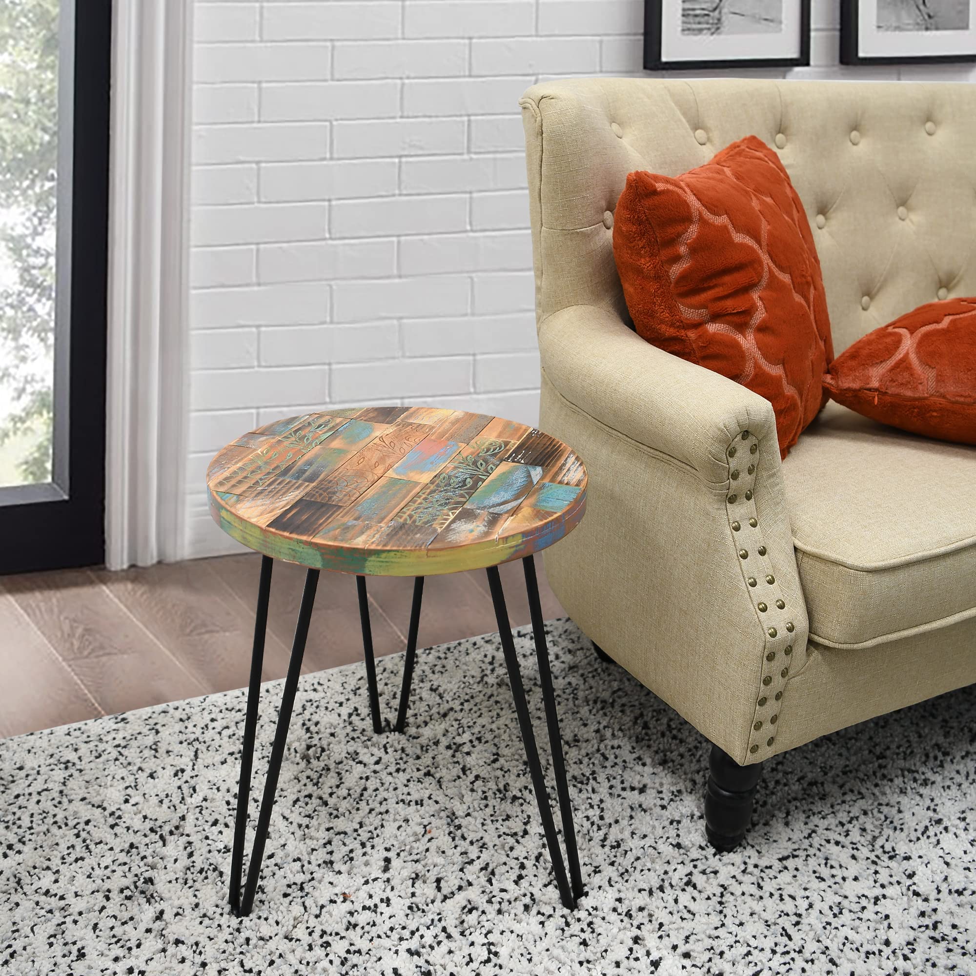 Greenage Round Wooden End Table with Carved Patterns - 15.5