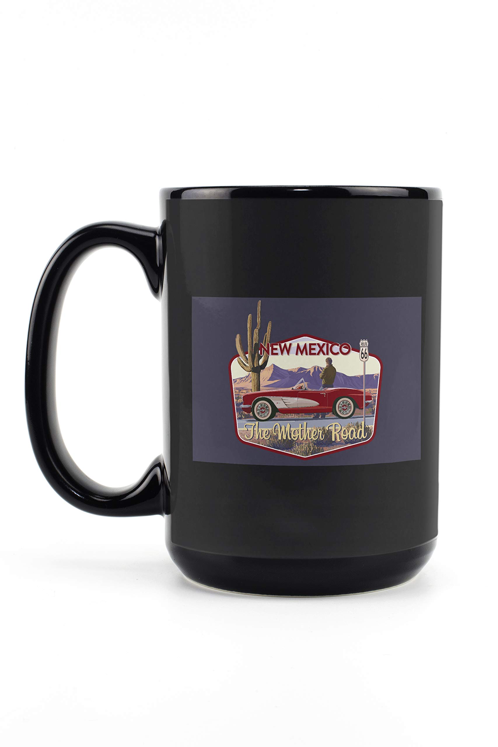 Vintage Route 66 New Mexico Classic Car Design 15oz Black Ceramic Coffee Mug - Microwave & Dishwasher Safe - Perfect for Road Trips, Office Use & Gift Giving