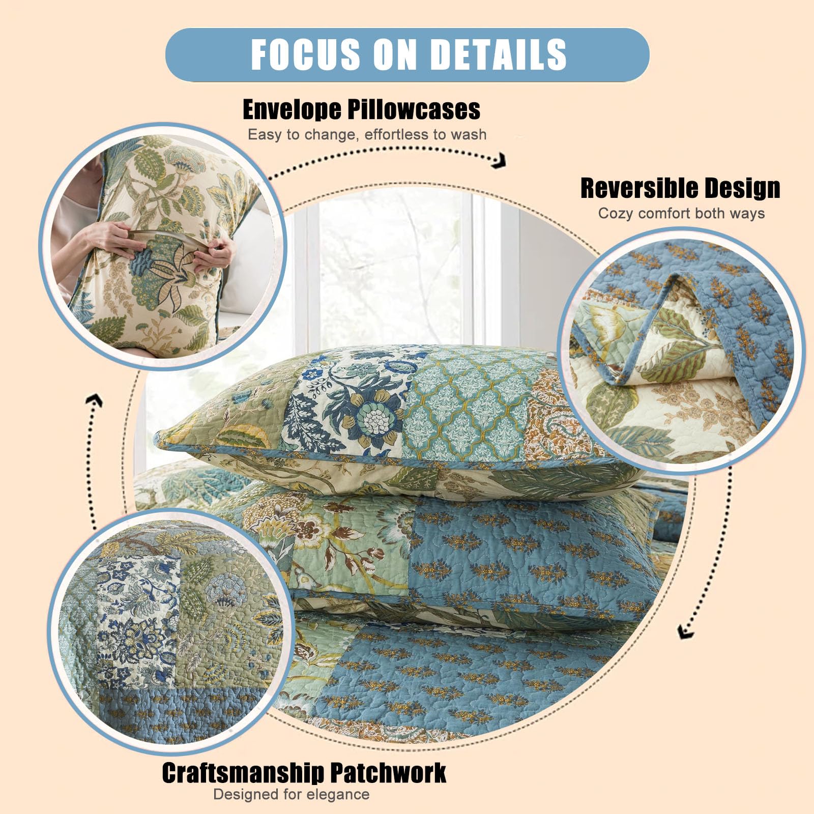 NEWLAKE 100% Cotton Bohemian Patchwork Quilt Set California King Size - Reversible Lightweight Bedspread, Breathable All Seasons Quilted Cover with 2 Pillowcases - Perfect for Master Bedroom, Guest Room & Bohemian Home Decor