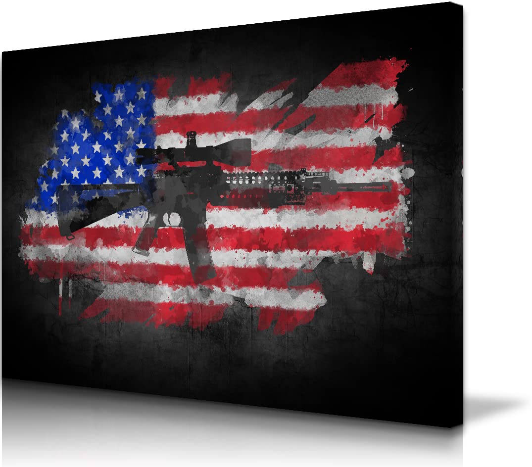 Patriotic Wooden American Flag Wall Art - Framed Gun-Themed Canvas Decor for Living Room, Ready to Hang (28''H x 40''W) | Perfect for Home, Office & Man Cave Decor