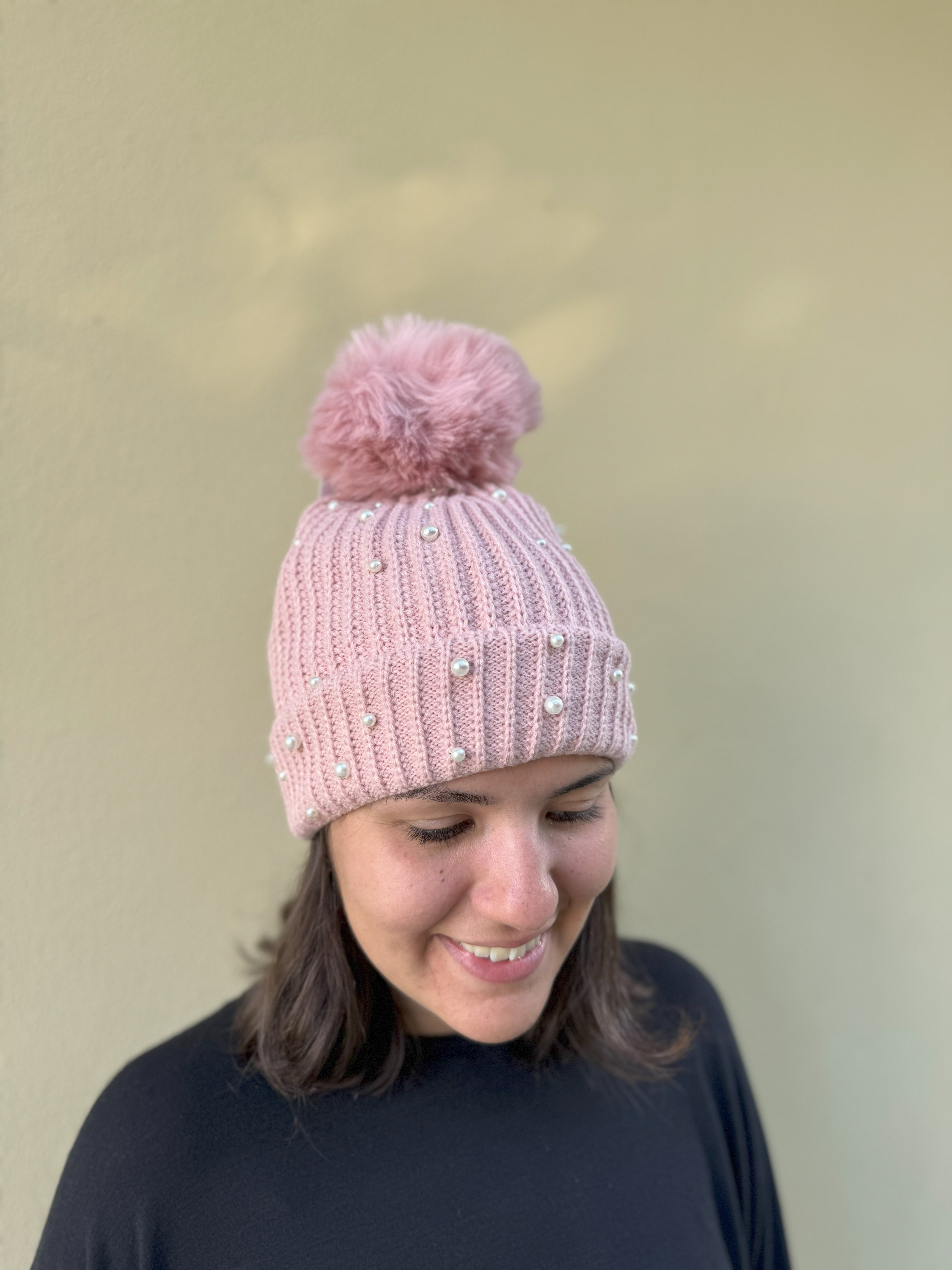 Pink Pearl Pom Pom Beanie - Soft Winter Knit Hat for Women - Perfect for Cold Weather, Snow Days & Fashion Outfits