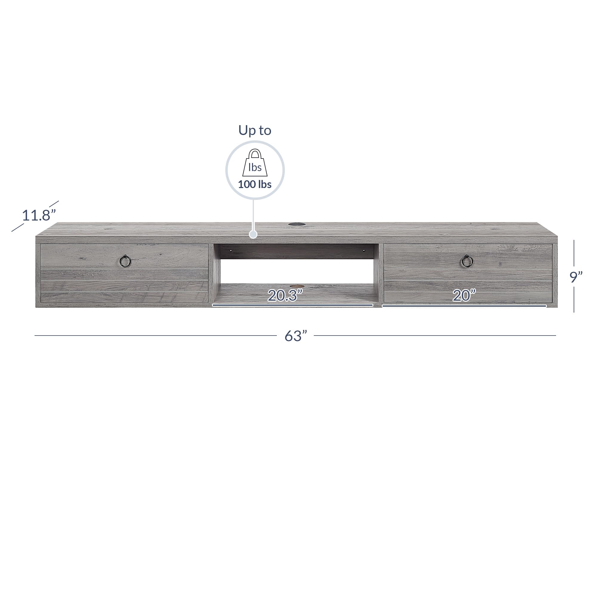 BELLEZE 63-Inch Modern Floating TV Stand Wall Mounted with Built-in Shelves & Storage Compartments - Contemporary Space-Saving Media Console Holds Up to 100lbs - Langston Gray Wash Finish for Living Room, Bedroom & Home Theater Setup