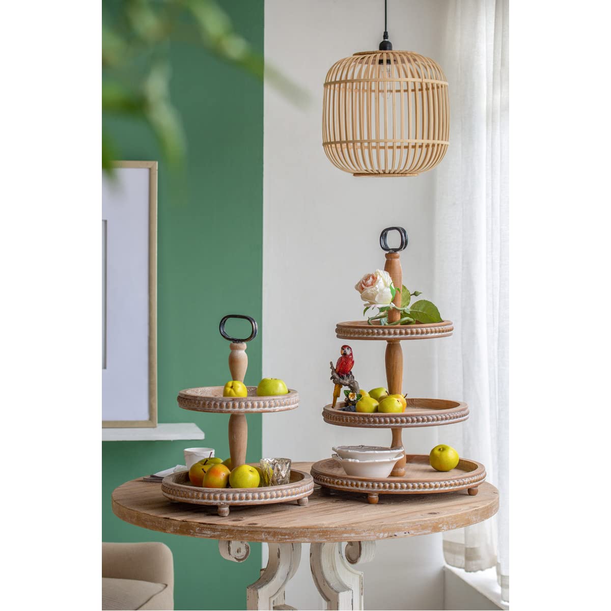 A&B Home Whitewash Tan 2-Tier Wood Bead Trim Tray - Rustic Farmhouse Decor for Coffee Table, Entryway, or Bathroom Organization