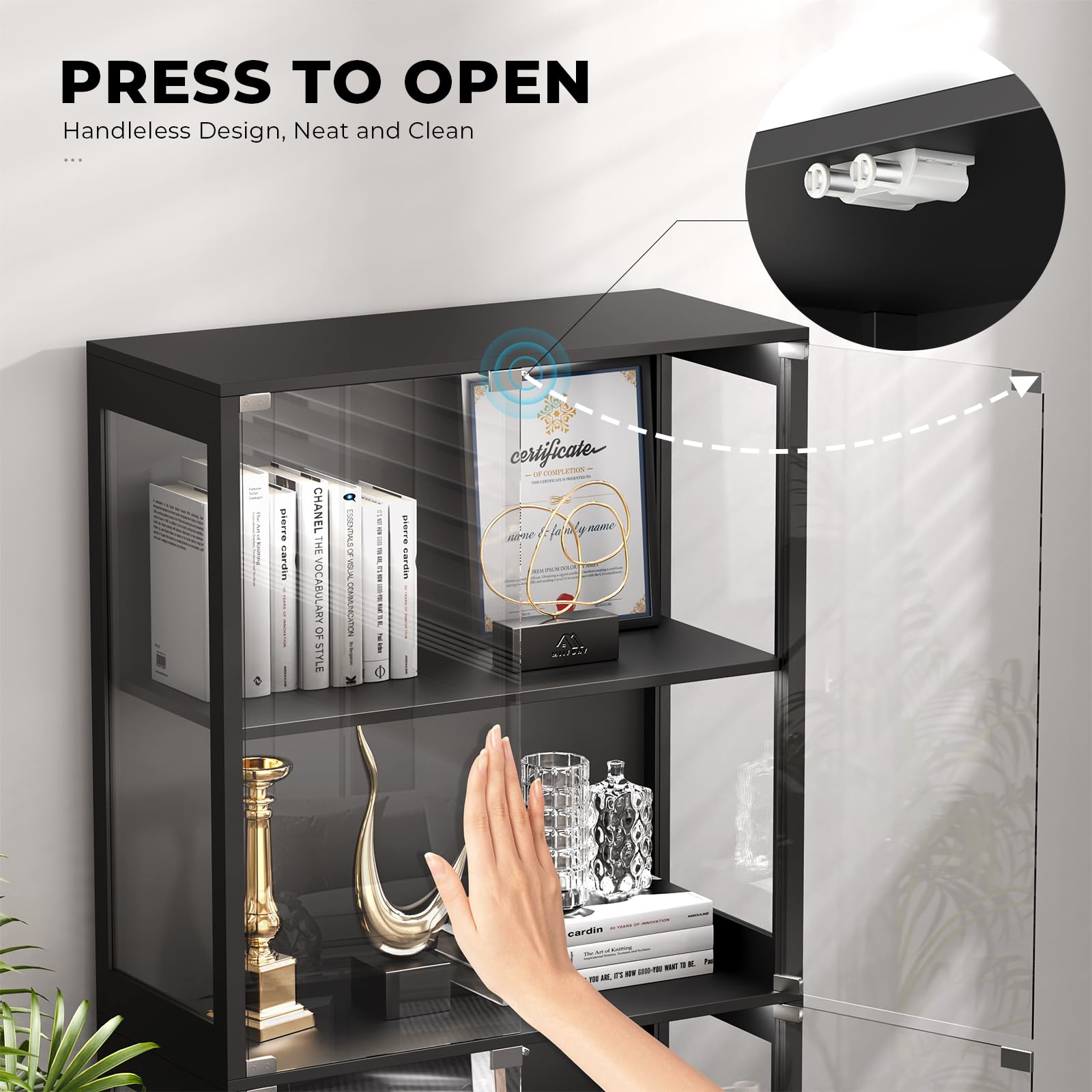 4-Tier Glass Display Cabinet with LED Lights & Motion Sensor - Black Curio Cabinet for Collectibles, China, Figurines | Perfect for Living Room, Bedroom, or Office Decor
