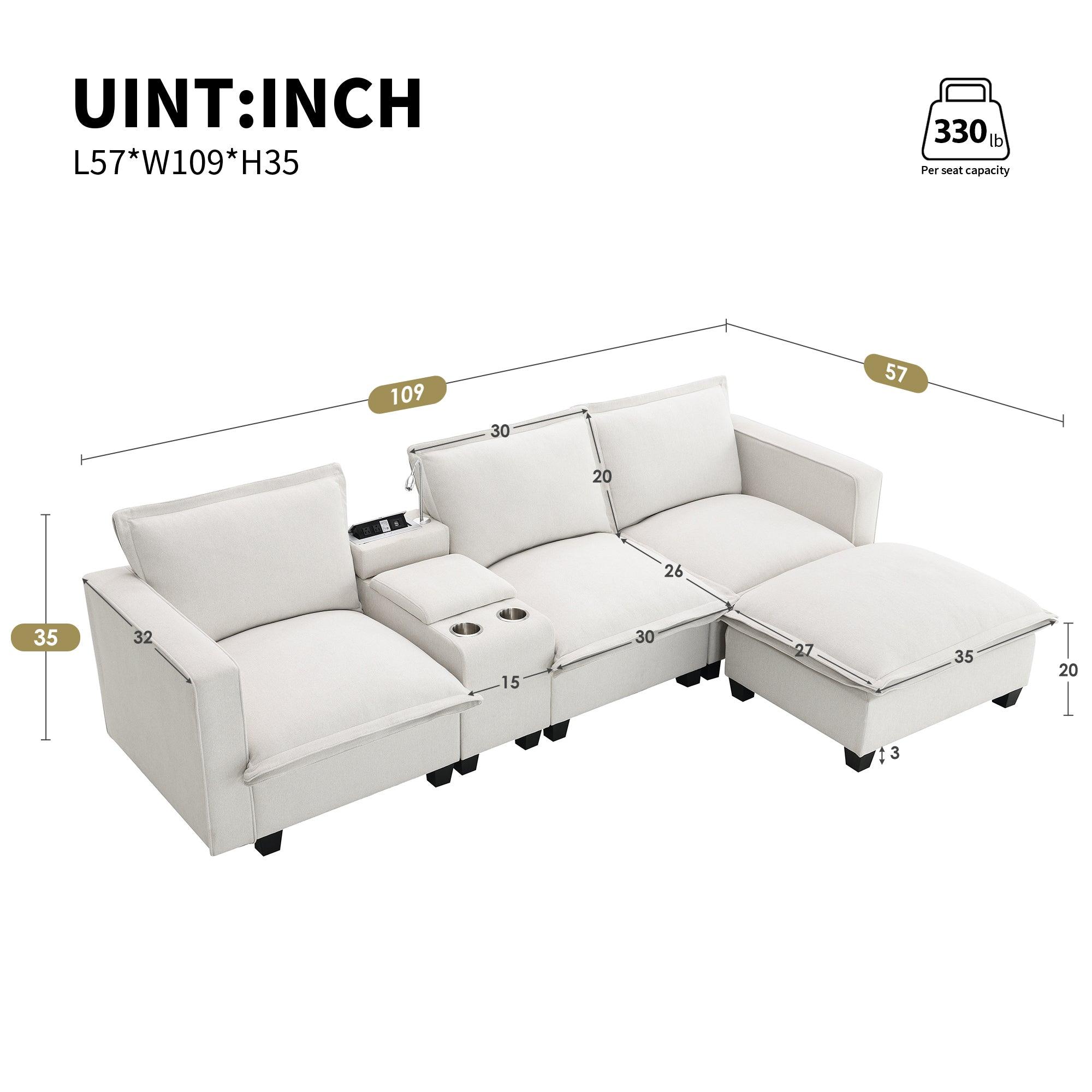Modern 4-Seat Chenille Modular Sectional Sofa with Console, USB Charging Port, Reading Light & Cup Holders - Cloud Couch for Living Room, Apartment (2 Colors) | Perfect for Family Gatherings, Movie Nights & Small Space Living