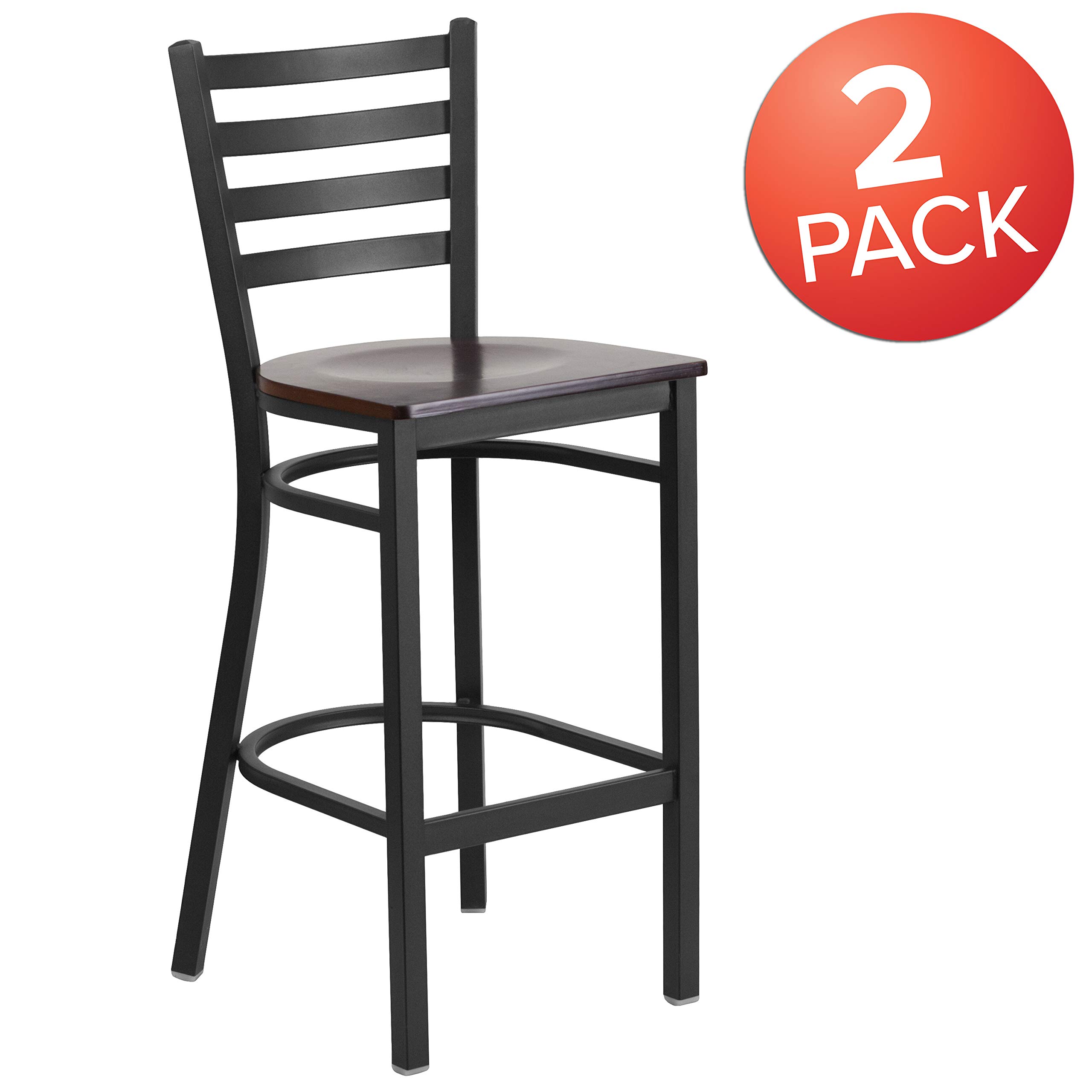 2 Pack Black Ladder Back Metal Bar Stools with Walnut Wood Seat - Counter Height Stools for Kitchen Island, Breakfast Bar & Restaurant Dining