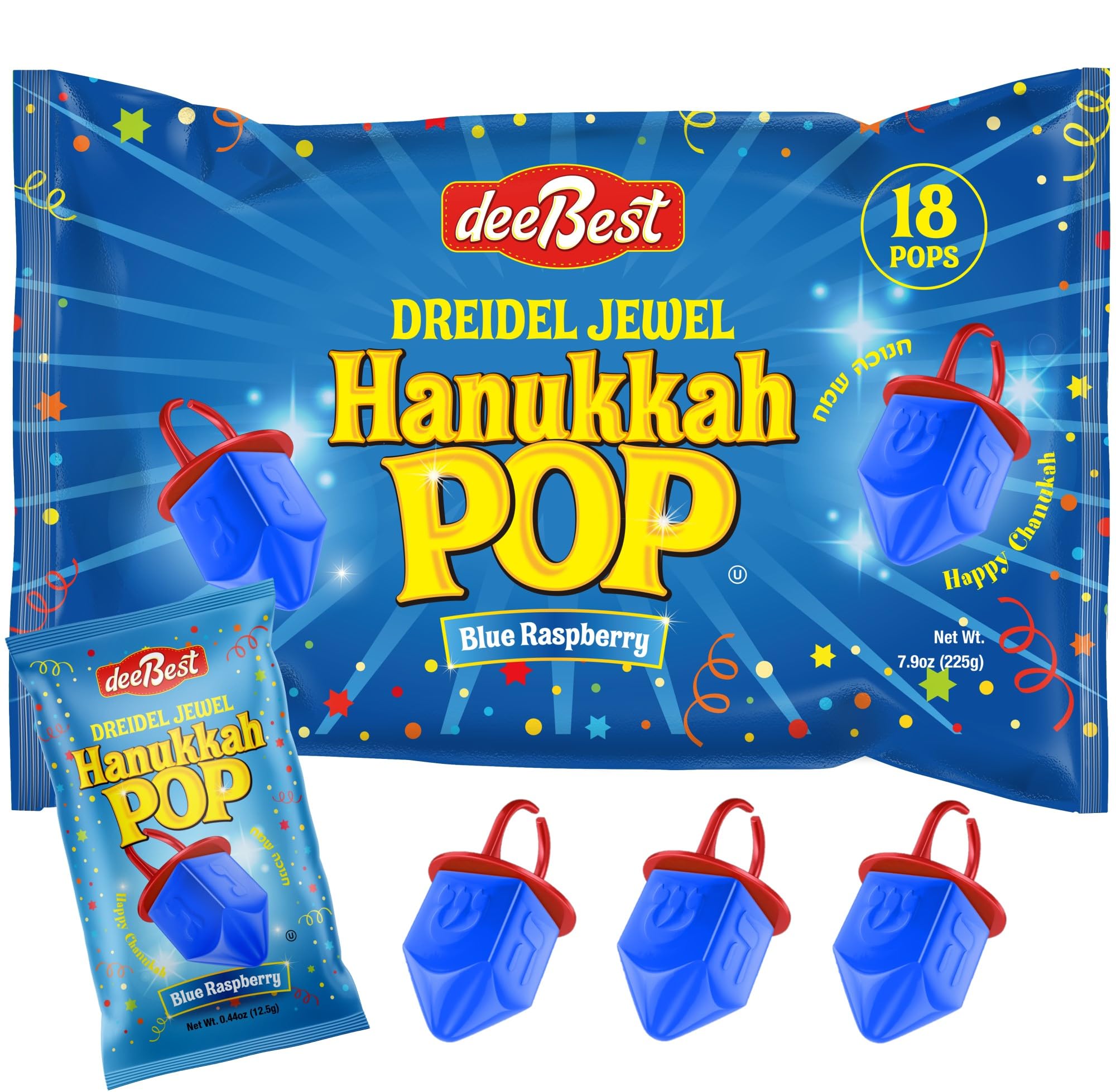 Blue Raspberry Hanukkah Dreidels Jewel Pop Ring Shape Candy - 18 Count Individually Wrapped Kosher Treats for Kids, Hanukah Party Favors, Chanukah Gift Bags & Holiday Decorations - Perfect for Classroom Celebrations, Jewish Festivals and Holiday Gift Exchanges