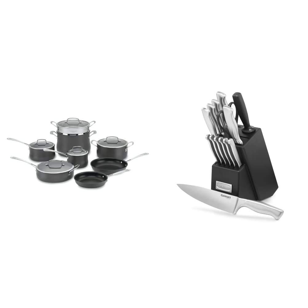 Cuisinart 64-13 13-Piece Hard Anodized Contour Stainless Steel Cookware Set & 15-Piece Kitchen Knife Set with Block - Professional Cutlery Set with Hollow Handle (C77SS-15PK) - Perfect for Home Cooking, Professional Chefs, and Kitchen Upgrades