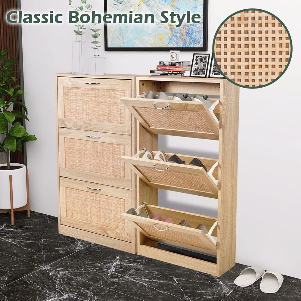 HOPUBUY 3-Tier Rattan Shoe Storage Cabinet - Narrow Entryway Shoe Organizer with Hidden Design for Home & Apartment - Natural Wood Slim Shoe Rack for Small Spaces - Perfect for Hallway, Closet or Bedroom Organization