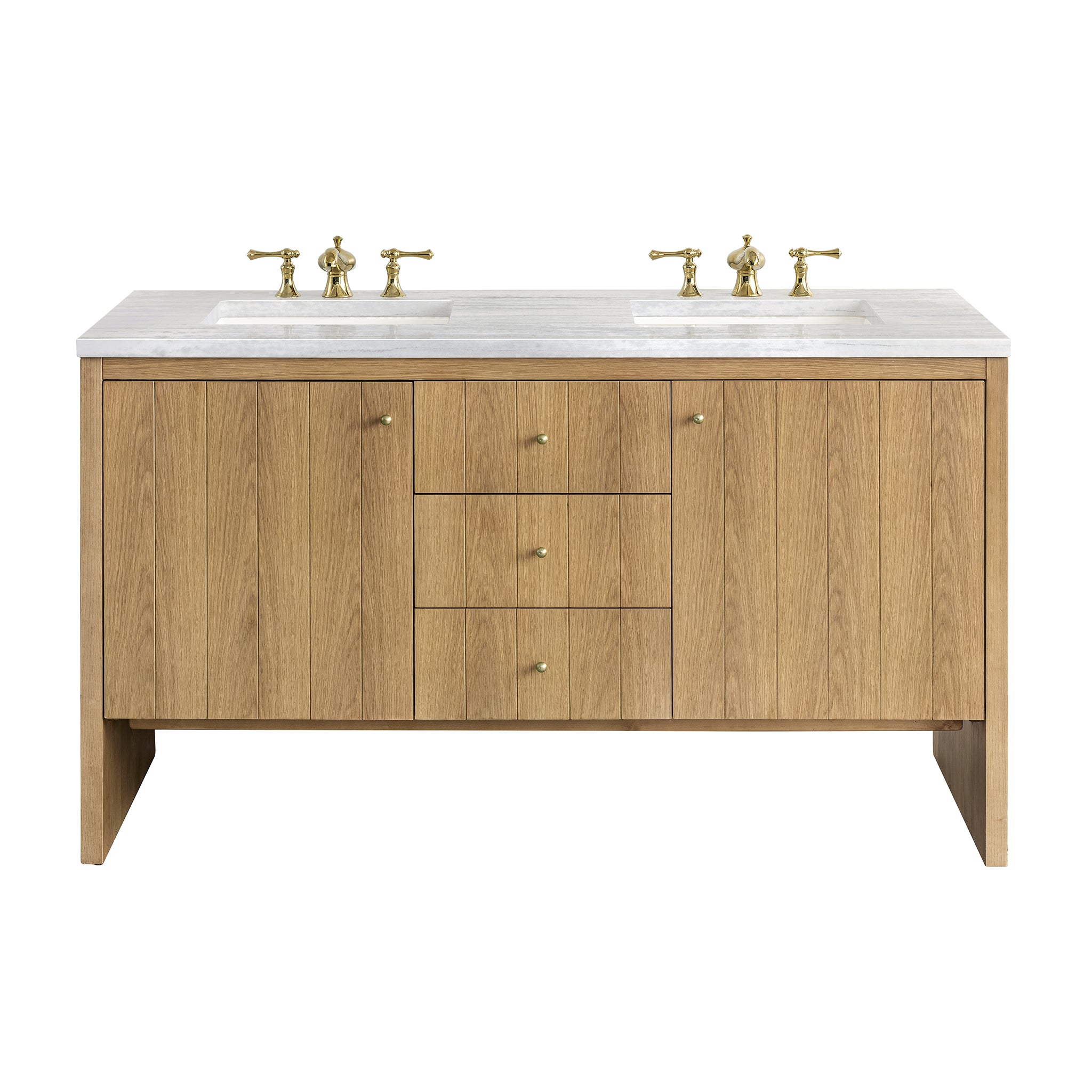 60-Inch Hudson Double Bathroom Vanity in Light Natural Oak with 3CM Arctic Fall Quartz Countertop - Perfect for Master Bathroom Renovation & Modern Home Decor