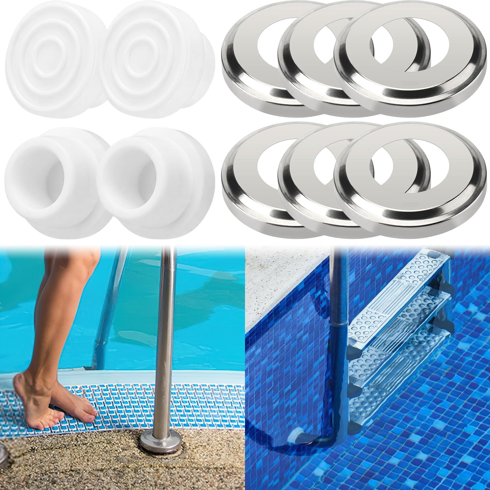 6Pcs Stainless Steel Pool Ladder Escutcheon Plates & 4Pcs Rubber Pool Ladder Plugs - Fits 1.9