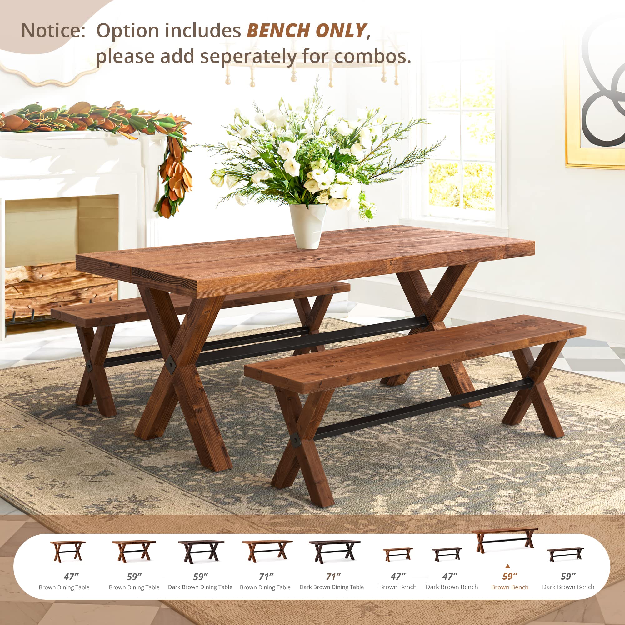 LUE BONA 59 Inch Solid Wood Dining Bench - Farmhouse Style Kitchen Bench with Natural Wood Grain - Heavy Duty Rectangular Dining Table Bench for Home, Kitchen & Dining Room - Light Brown - Perfect for Farmhouse Decor, Breakfast Nook & Family Gatherings