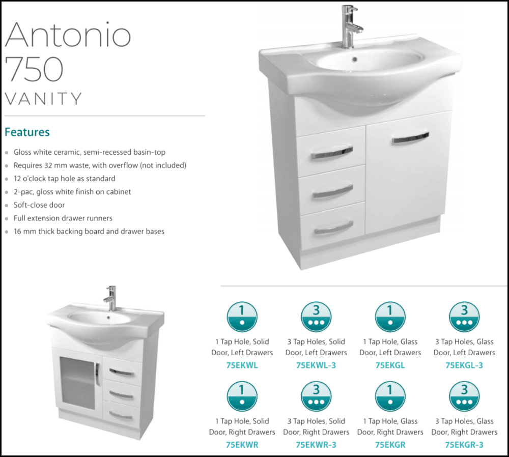 Fienza Antonio 75EKWL 750mm White Bathroom Vanity Unit with Sink - Modern Waterproof Storage Cabinet for Bathroom Remodeling (Perfect for Small Spaces & Powder Rooms)