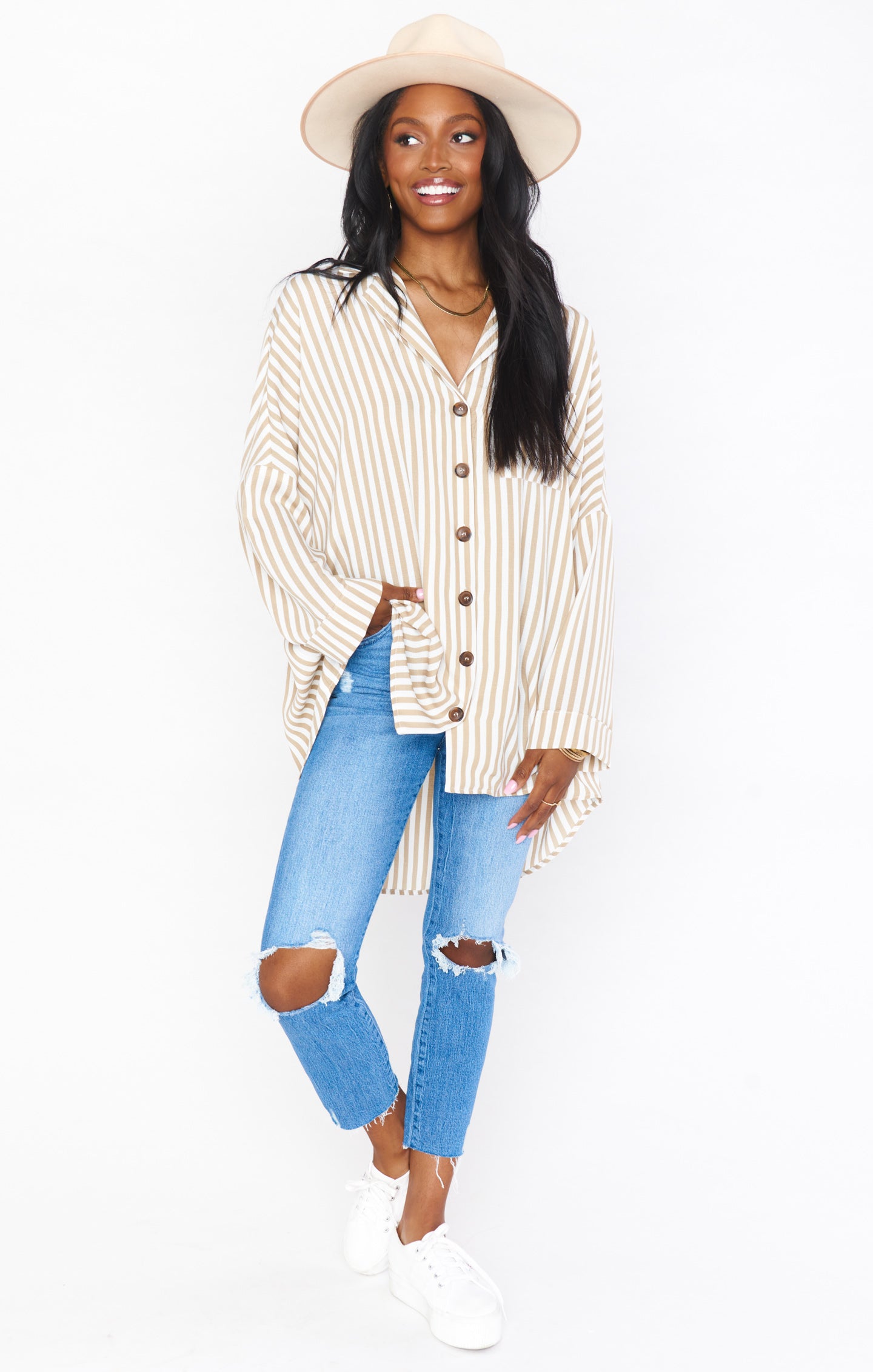 Lorolie Women's Beige Striped Tunic Top - Casual Everyday Wear for Work, Office & Outings