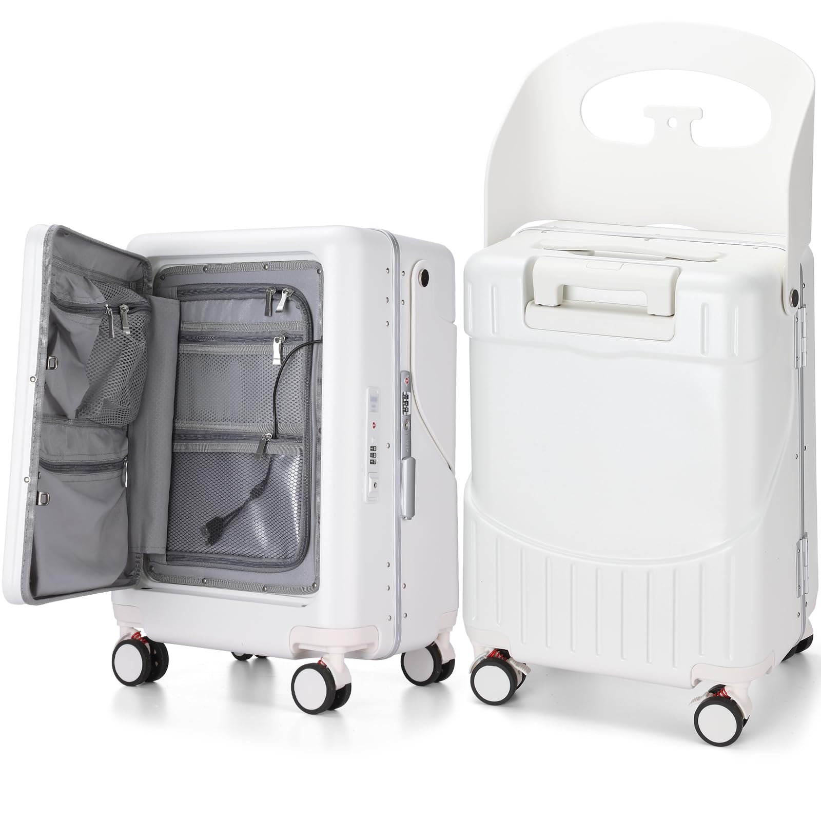 20 Inch Kids Ride-On Luggage with Seat - Top Opening Aluminum Frame Spinner Suitcase with TSA Locks for Air Travel - Lightweight Carry-On for Children (White) | Perfect for Family Vacations, School Trips & Airport Adventures
