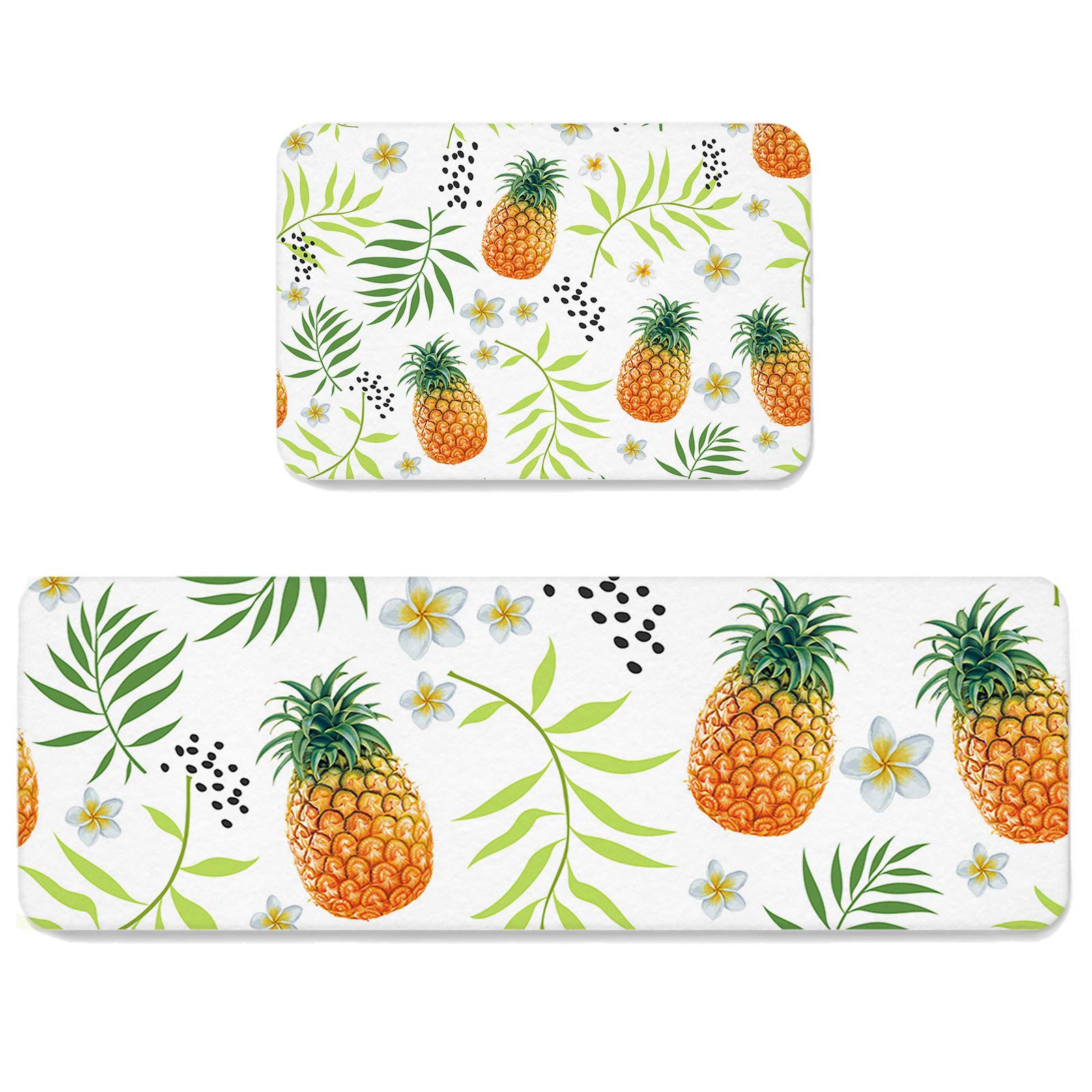 HELLOWINK Anti-Fatigue Kitchen Mat Set of 2 - Tropical Pineapple Floral Non-Slip Rugs for Kitchen, Sink, Laundry, Home Office, and Entryway Floor Protection
