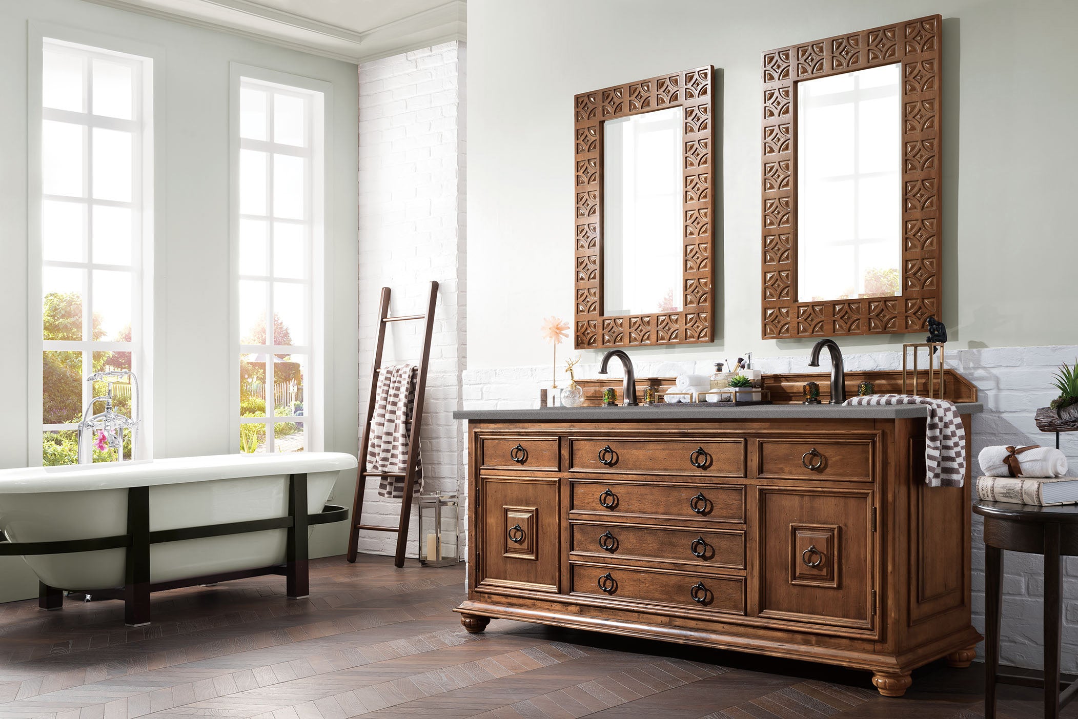 Mykonos 72 Inch Double Vanity Bathroom Cabinet with 3CM Grey Expo Quartz Top in Cinnamon Finish - Perfect for Modern Master Bathrooms & Guest Suites