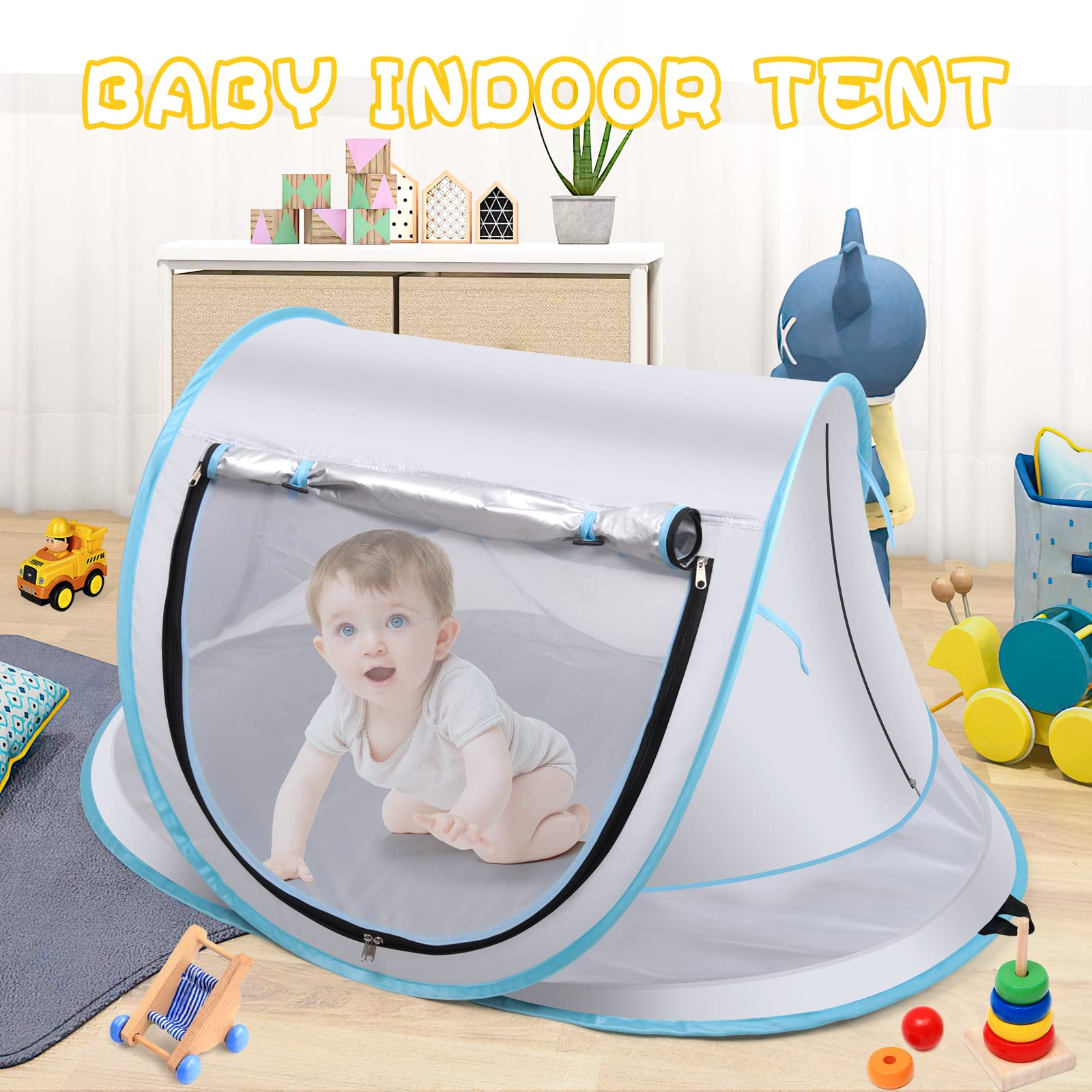 Baby Beach Tent with UPF 50+ UV Protection - Large Pop Up Sun Shade Shelter for Infants, Portable Travel Tent with Mosquito Net - Perfect for Outdoor Beach Trips, Park Playdates & Indoor Baby Play Areas