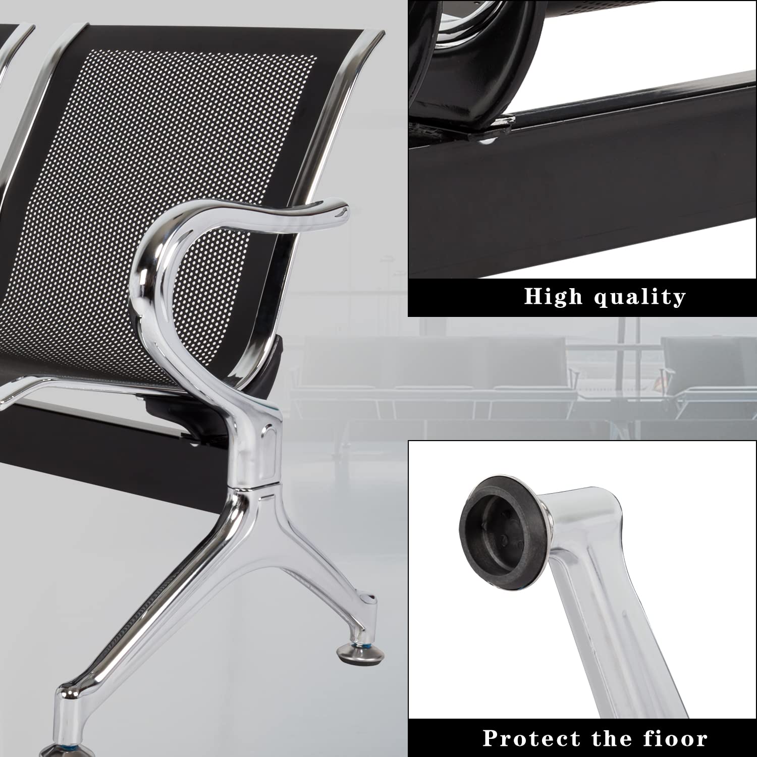 Kinsuite 3-Seat PU Leather Waiting Room Bench with Arms - Set of 2 Modern Reception Chairs for Business, Hospital & Airport Waiting Areas - Durable & Comfortable Seating Solution for Lobbies, Clinics and Public Spaces