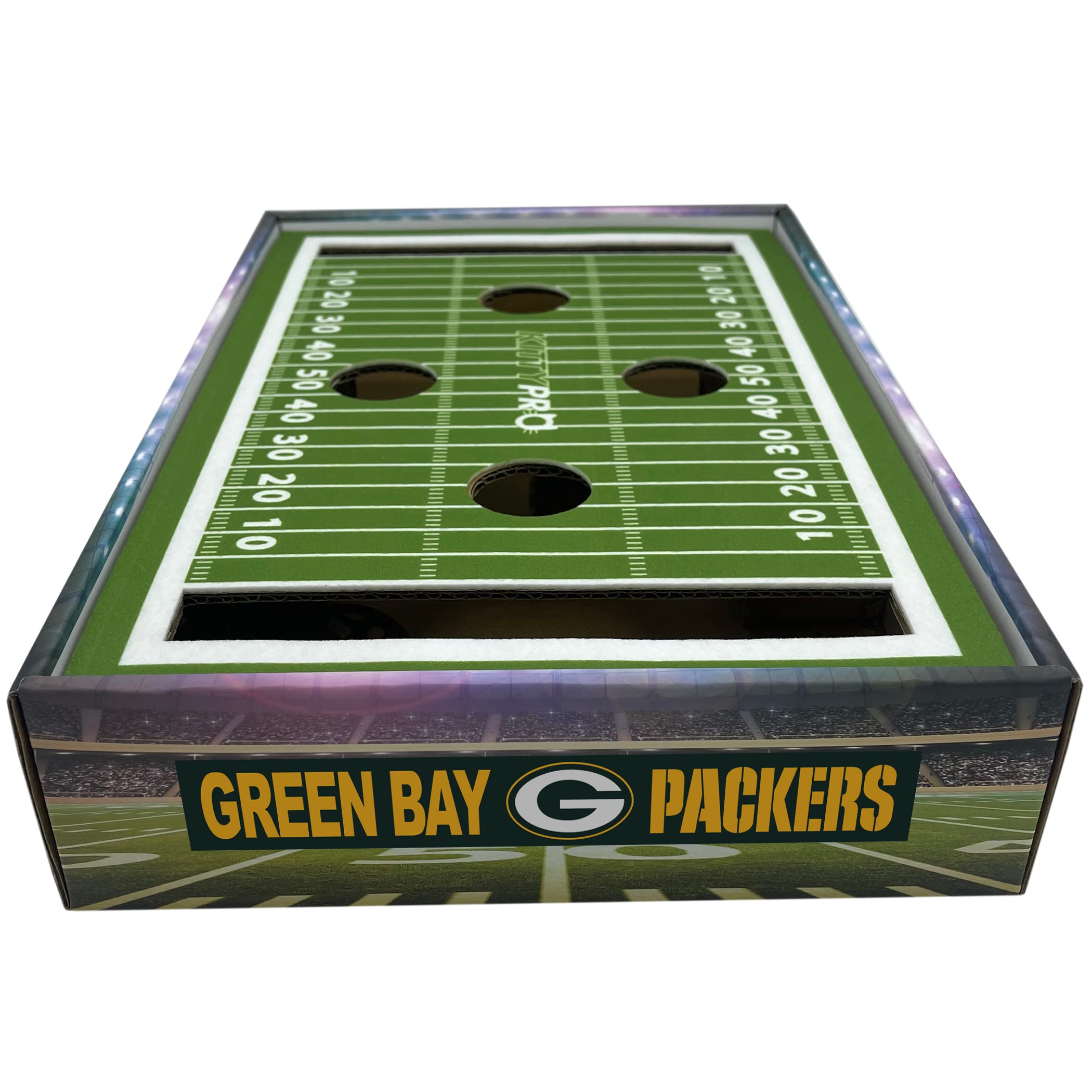 Green Bay Packers NFL Cat Scratcher with 2 Jingle Balls - Pet Football Stadium Toy for Cats, Interactive Play & Lounge Stimulation - Perfect for Game Day & Indoor Playtime (GBP-5028)