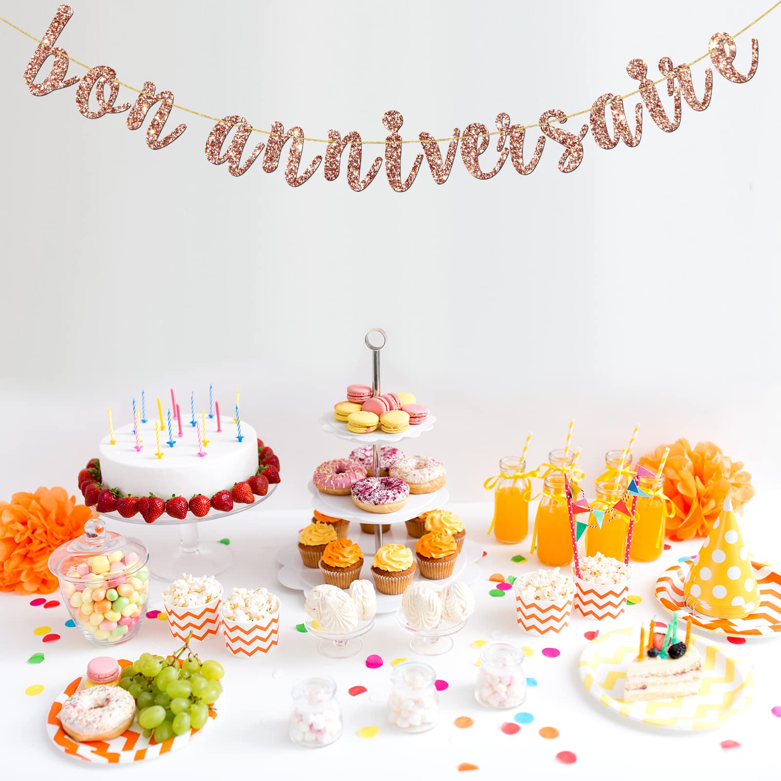 INNORU Bon Anniversaire Banner - French Themed Birthday Party Decorations with Rose Gold Glitter | Anniversary Bunting Garland for Wedding, Baby Shower & Special Events