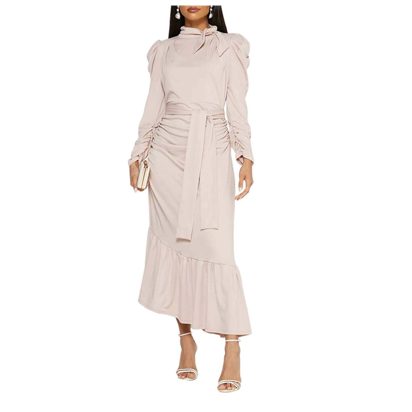 Elegant Muslim Women's Long Sleeve Satin Lace Dress with Waist Accent - Soft Ankle-Length Solid Color Fashion Dress for Prayer, Wedding & Special Occasions