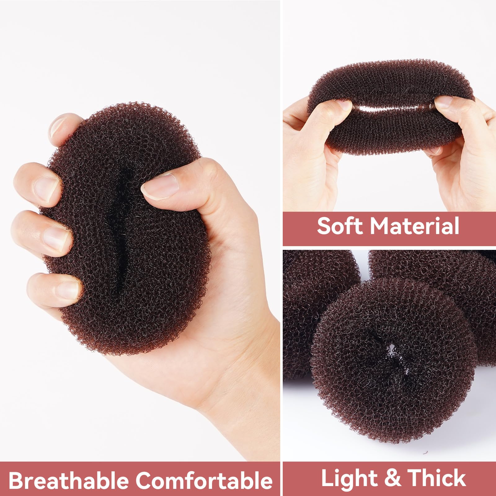 YaFex Hair Bun Maker Kit - 4 Pcs Donut Bun Makers (Large, Medium, Small) with 10 Hair Nets, 6 Elastic Hair Ties & 20 Bobby Pins - Perfect for Updos, Ballet, Wedding & Everyday Hairstyles (Brown)
