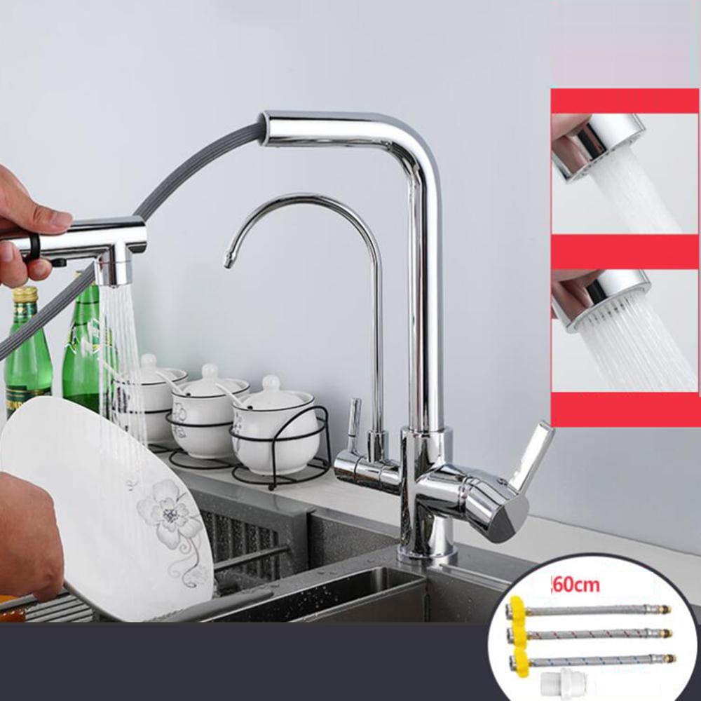 3-in-1 Pull-Out Kitchen Sink Faucet with Water Filter - Hot & Cold Multifunctional Direct Drinking Water Purification - Chrome Finish - Perfect for Modern Kitchens and Home Water Filtration Systems