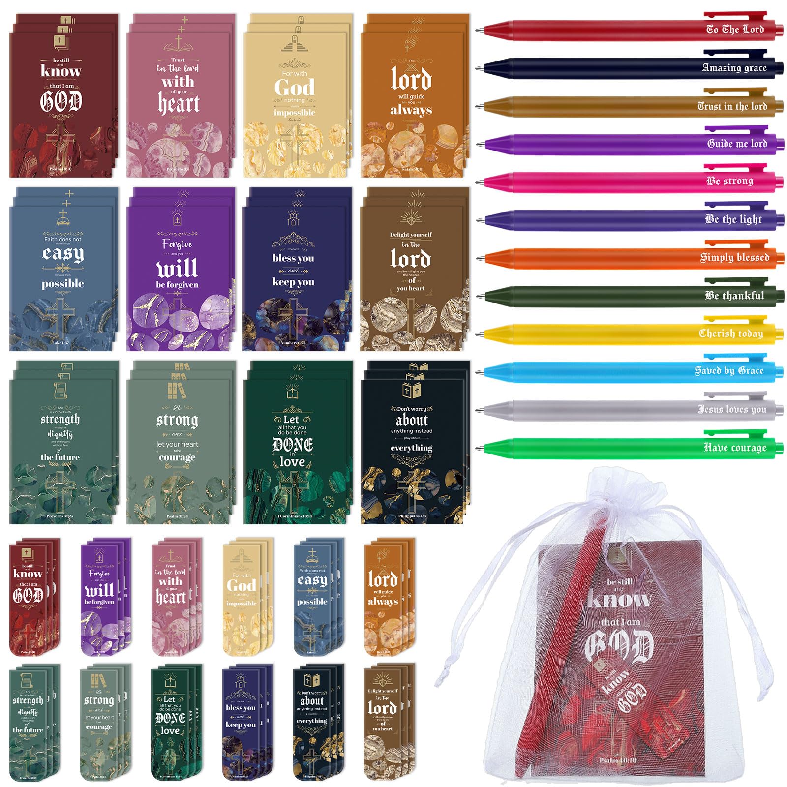 144 Pcs Christian Gift Set - Bible Notebooks, Scripture Bookmarks, Pens & Organza Bags for Church, School & Office - Inspirational Religious Gifts for Baptism, Confirmation & Bible Study