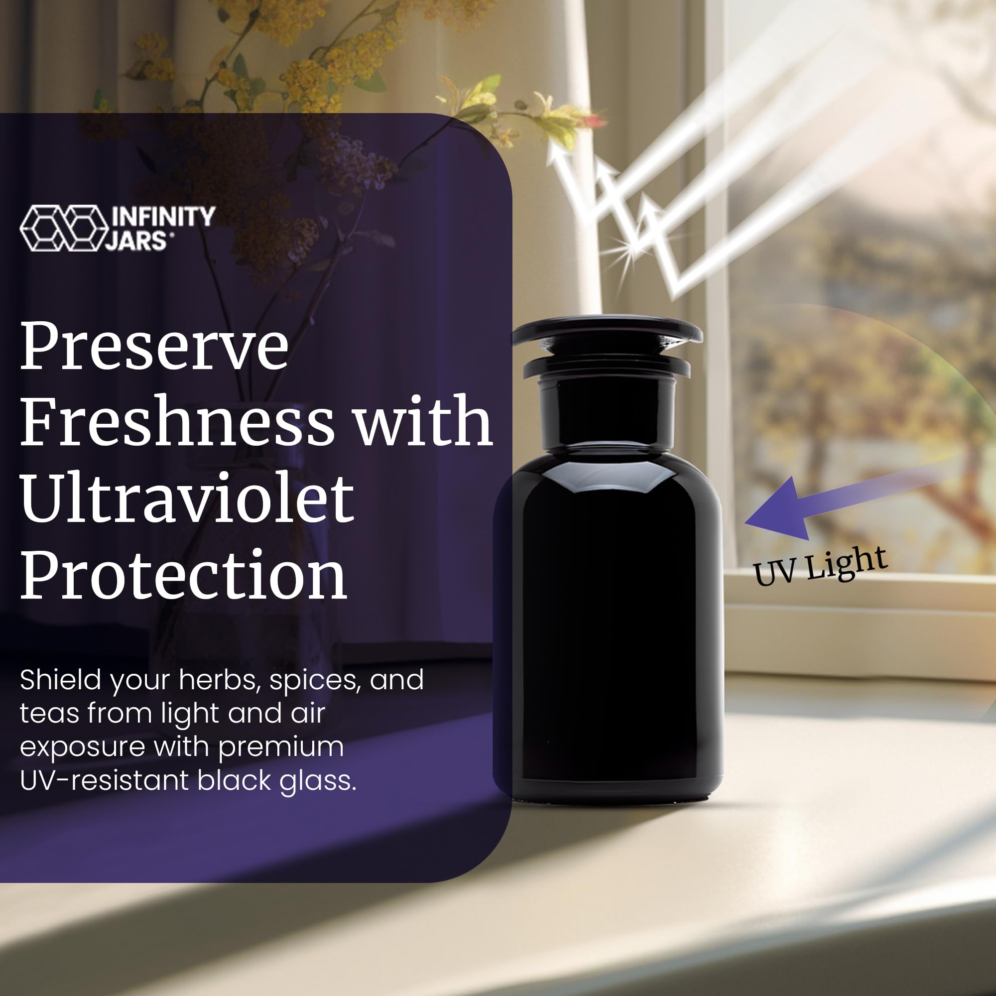 **Infinity Jars 250ml (8.4 Fl oz) Round Black UV Glass Apothecary Jar with Airtight Lid - Smell Proof, Refillable Storage for Tea, Spices, Herbs & Dried Goods | Perfect for Kitchen, Pantry & DIY Organizing (3-Pack)**